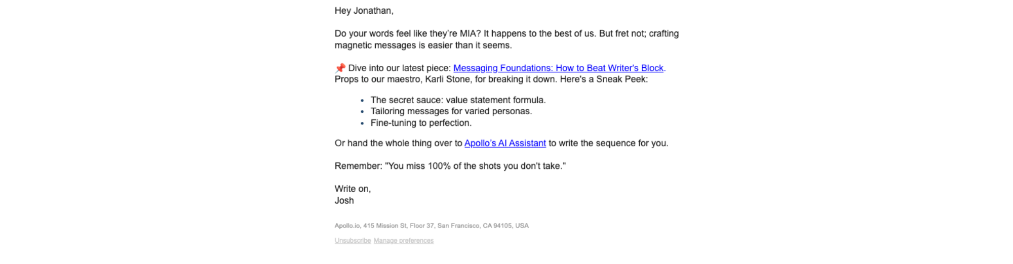 How to write outbound emails with AI — email screenshot from Apollo.io