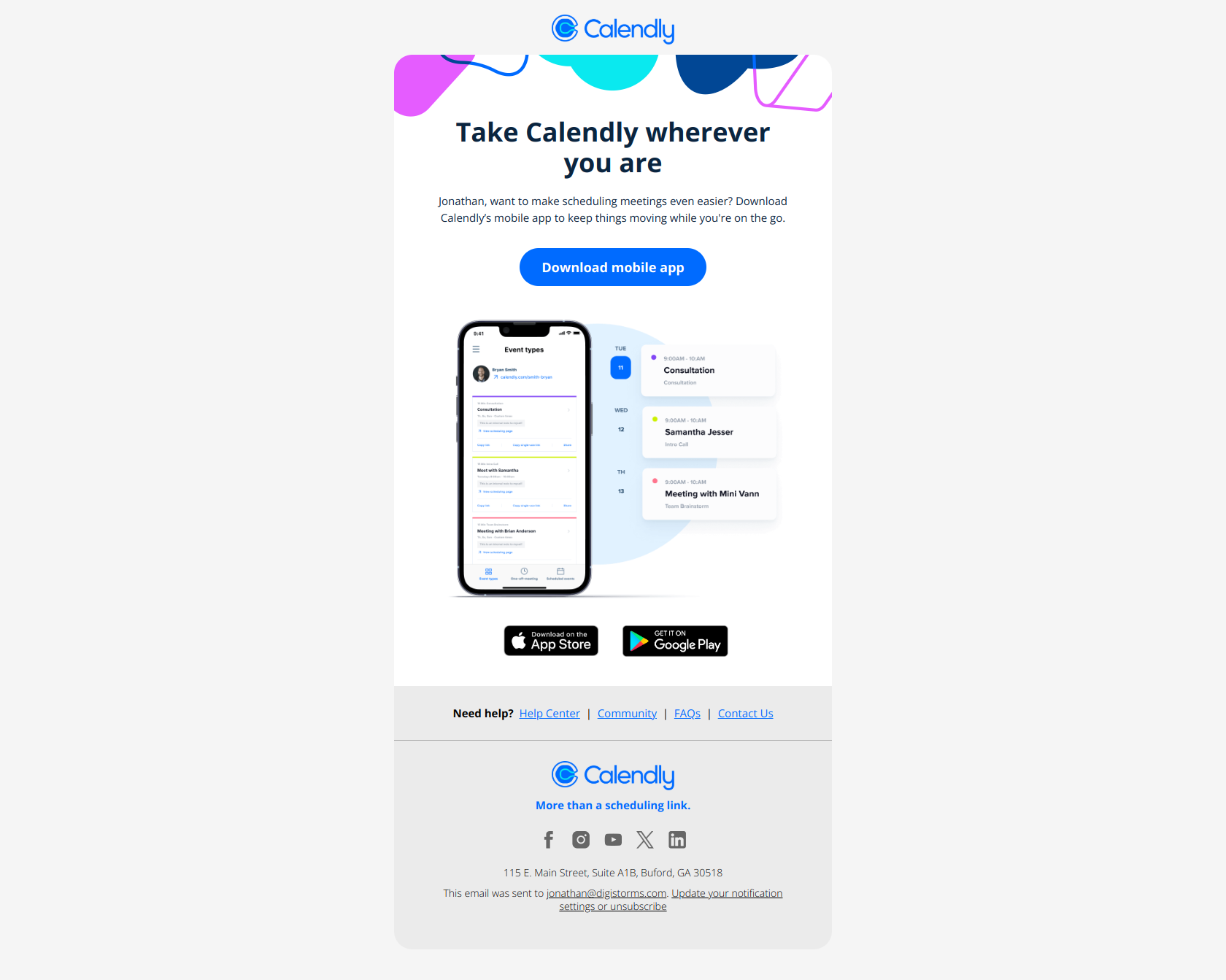 Book meetings wherever you go — email screenshot from Calendly