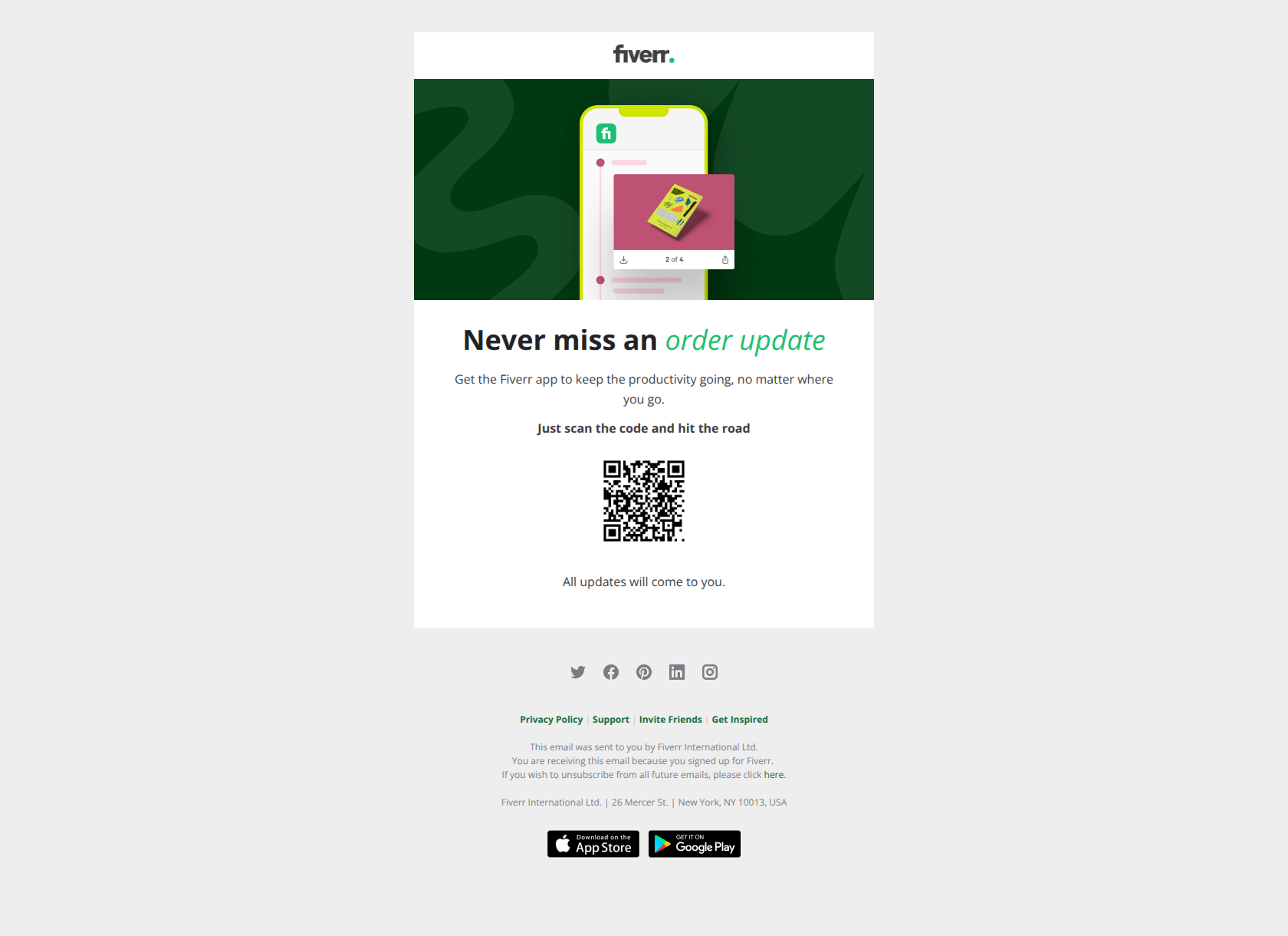 Never miss an update again. — email screenshot from Fiverr