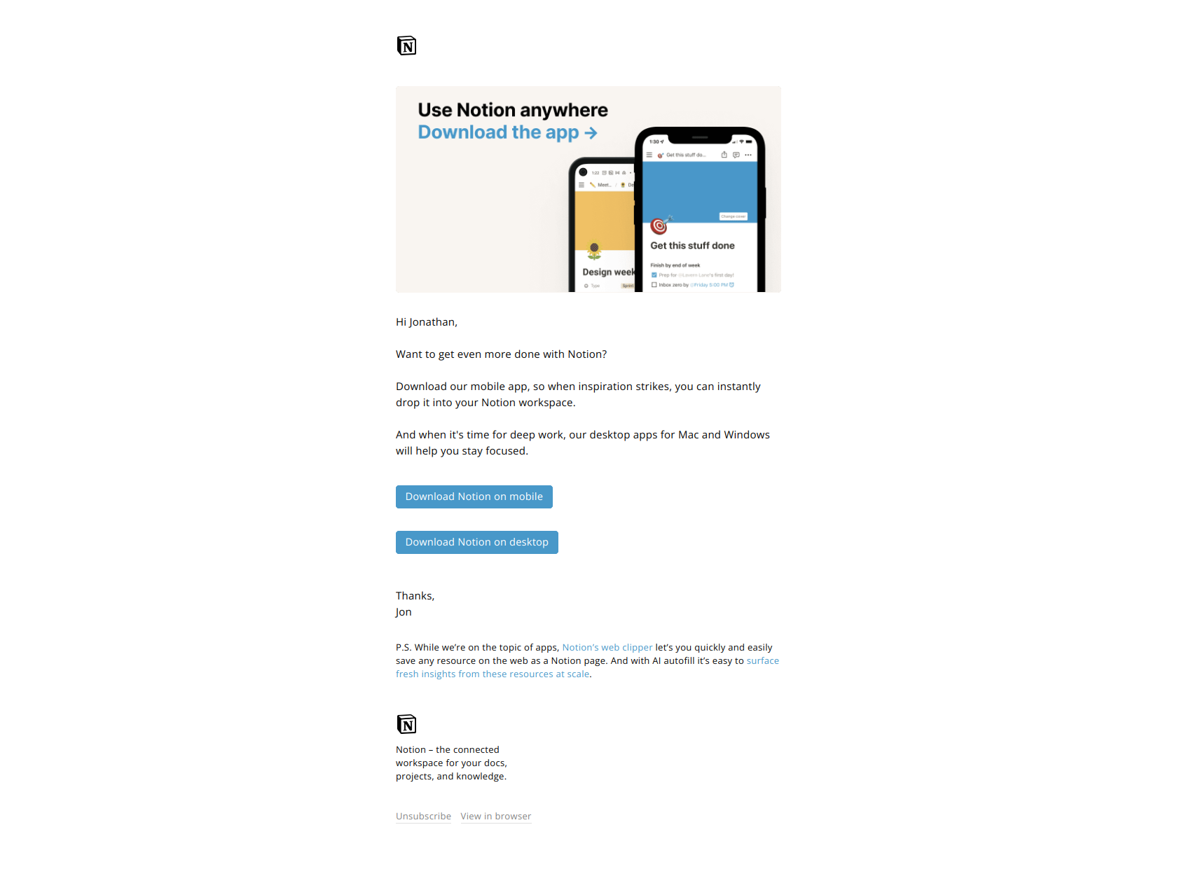 Notion for marketing teams (7/7): — email screenshot from Notion