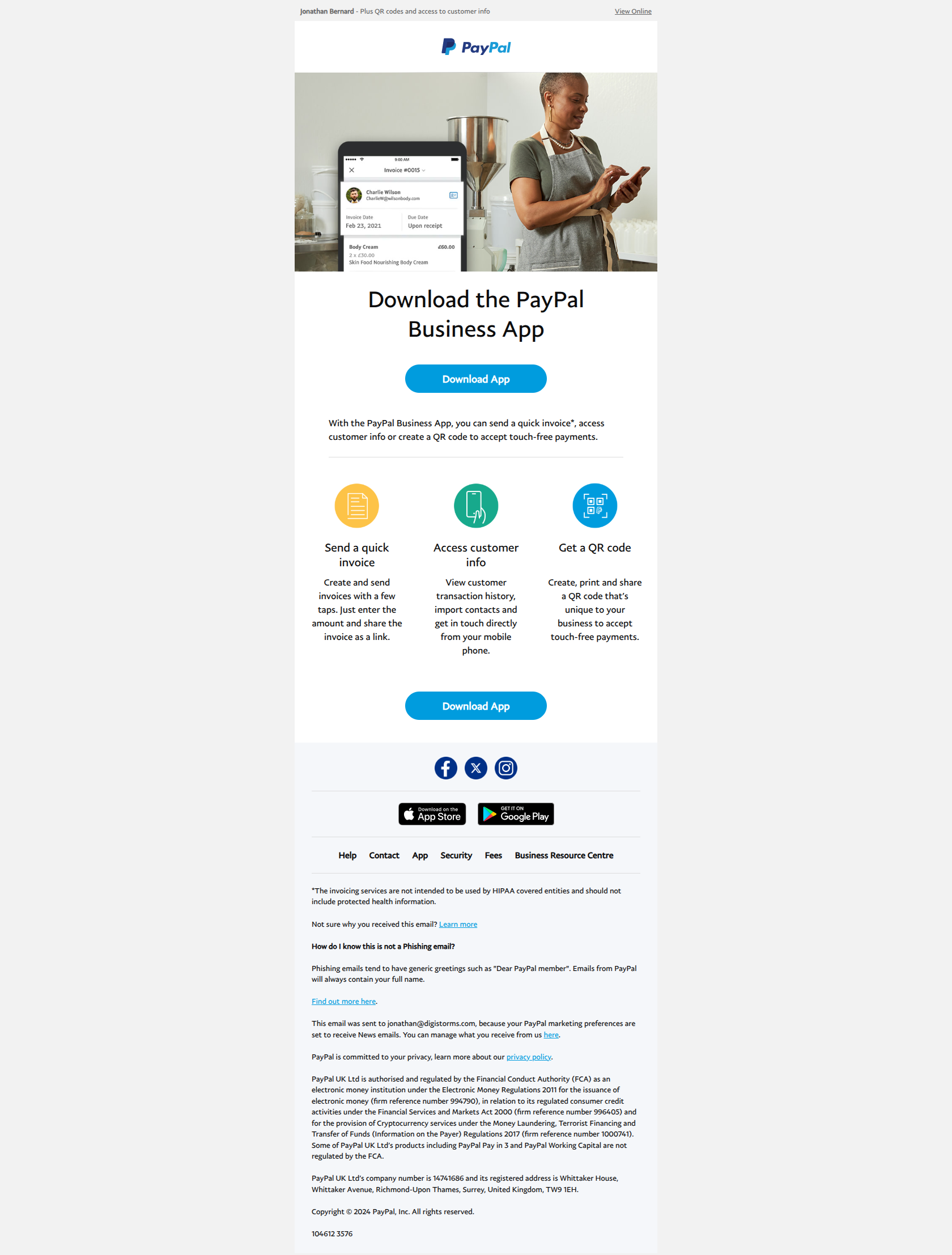 Send invoices on the go — email screenshot from Paypal