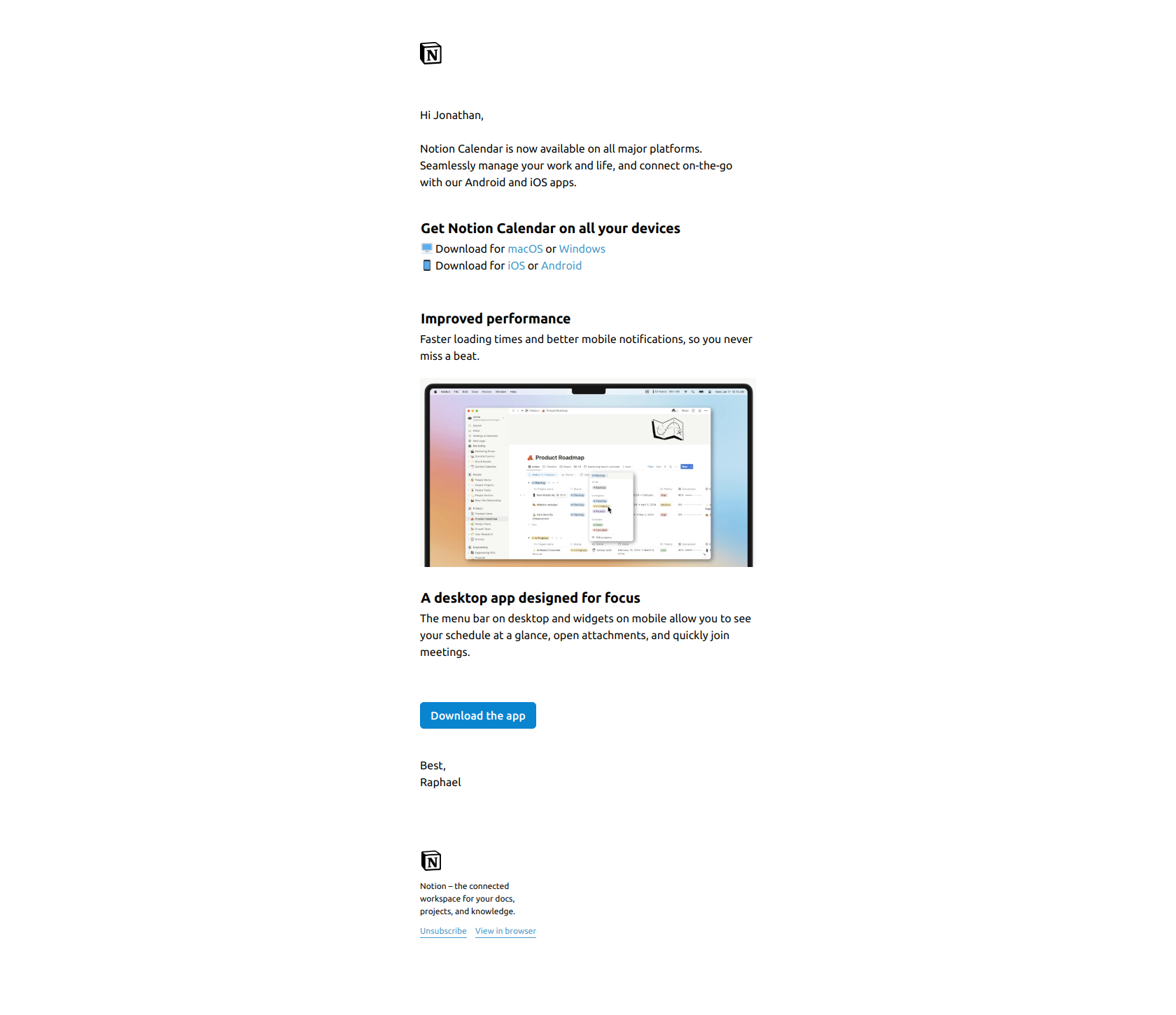 Download the best calendar app — email screenshot from Notion