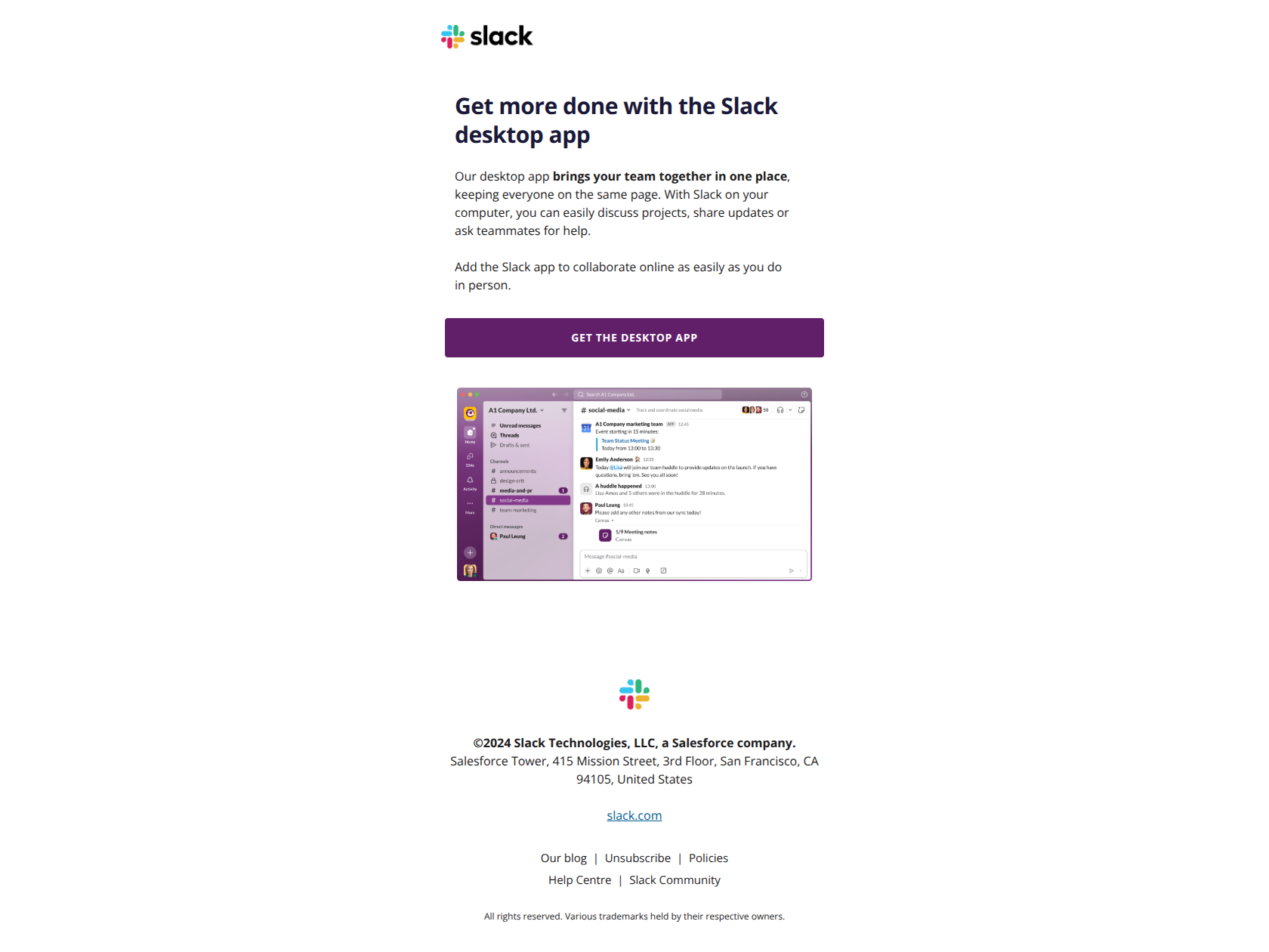Never miss an important message — email screenshot from Slack