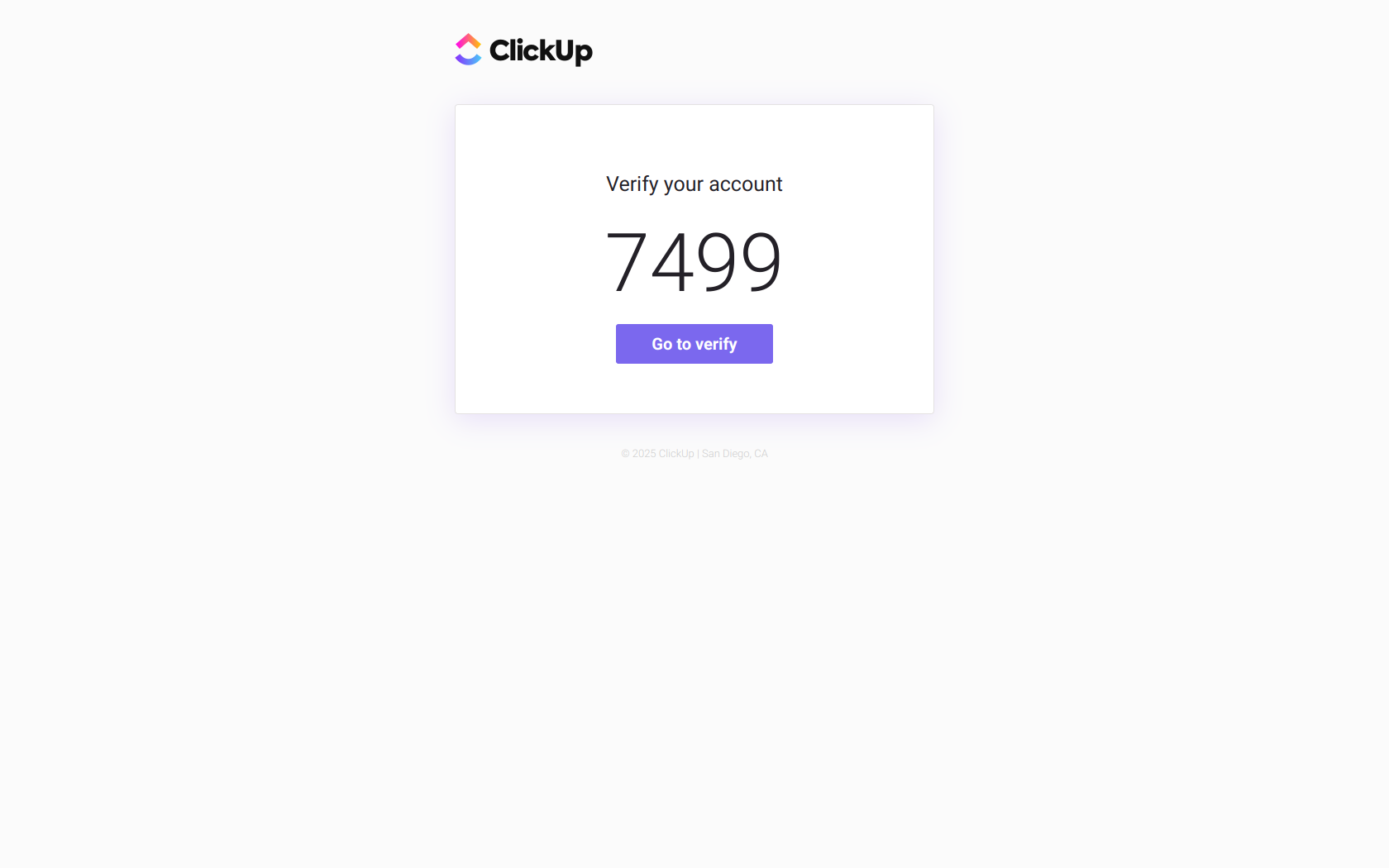 ClickUp Verification Code: 7499 — email screenshot from Clickup
