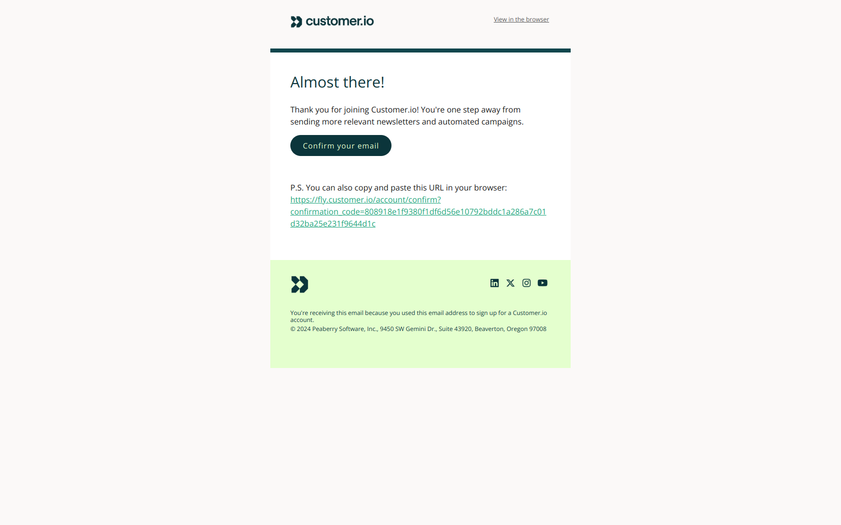 Confirm your Customer.io account — email screenshot from Customer.io