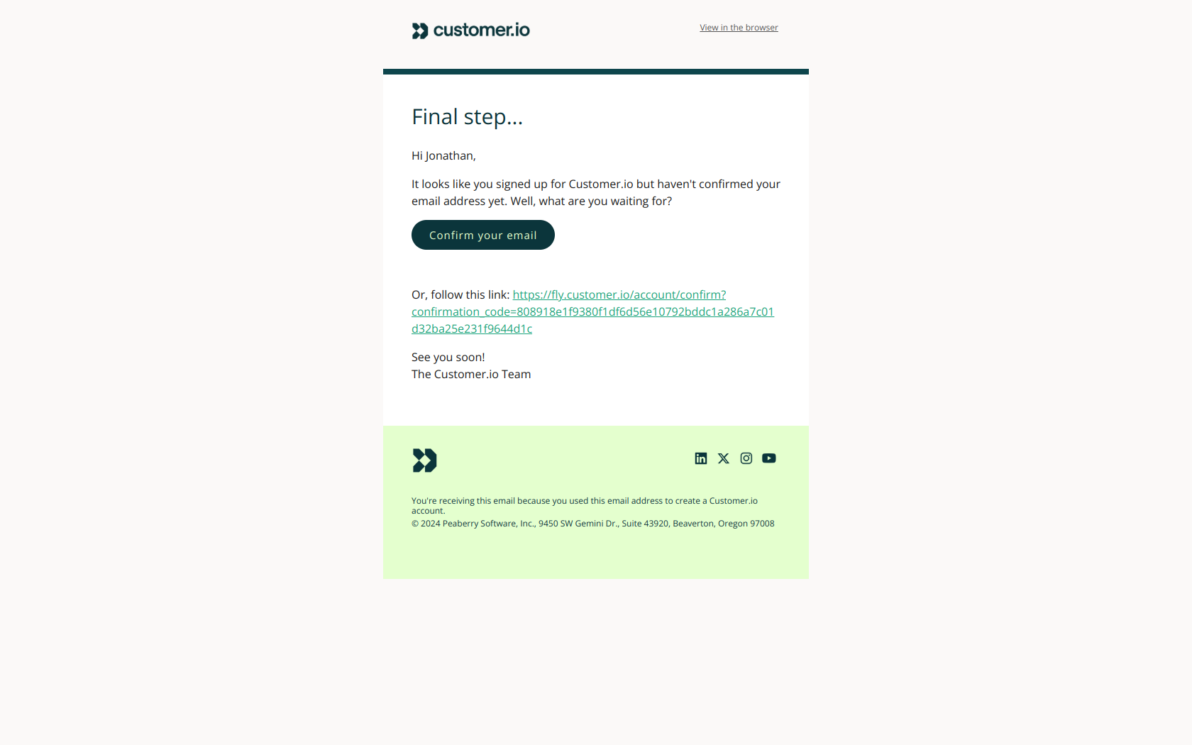 Almost done! Confirm your email address — email screenshot from Customer.io