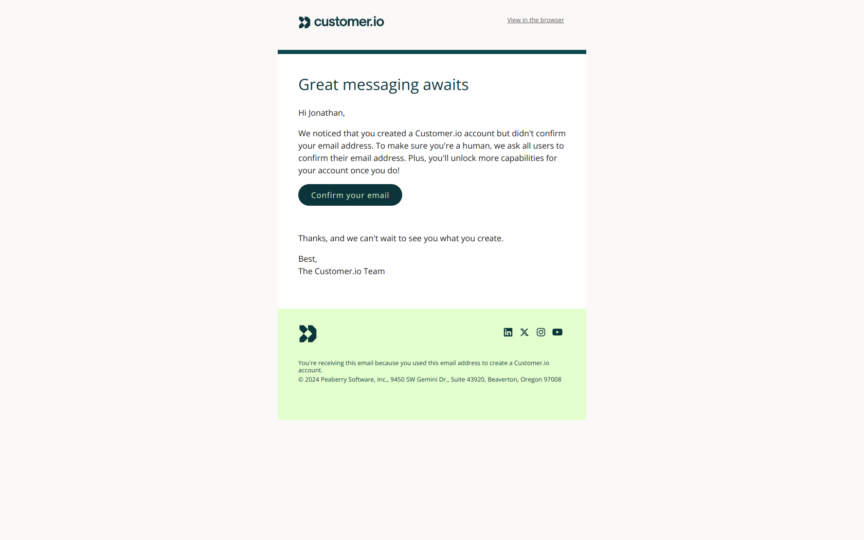 Don't forget to confirm your email address — email screenshot from Customer.io