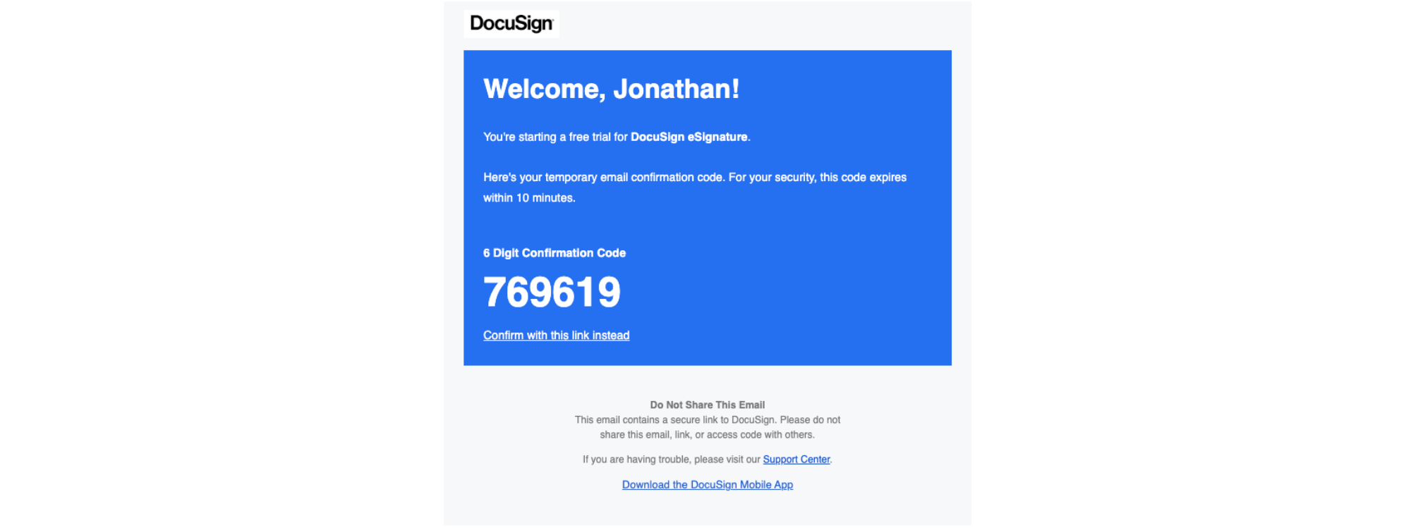 Your code is 769619 — email screenshot from Docusign