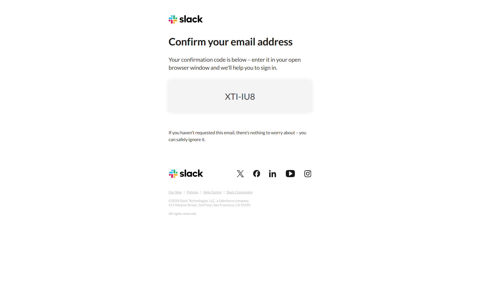 Slack confirmation code: XTI-IU8 — email screenshot from Slack