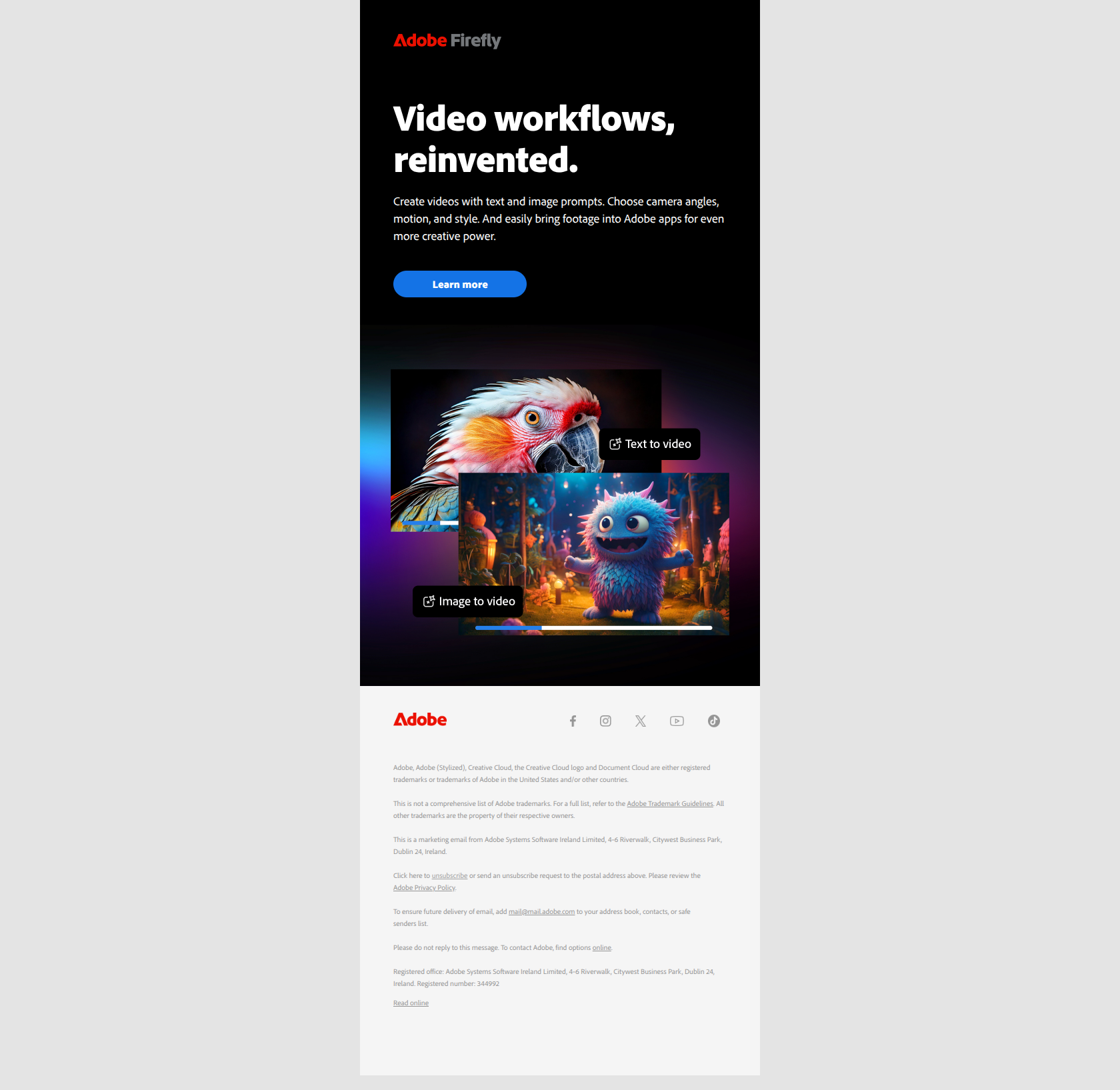 Now you can generate video in the Firefly web app — email screenshot from Adobe