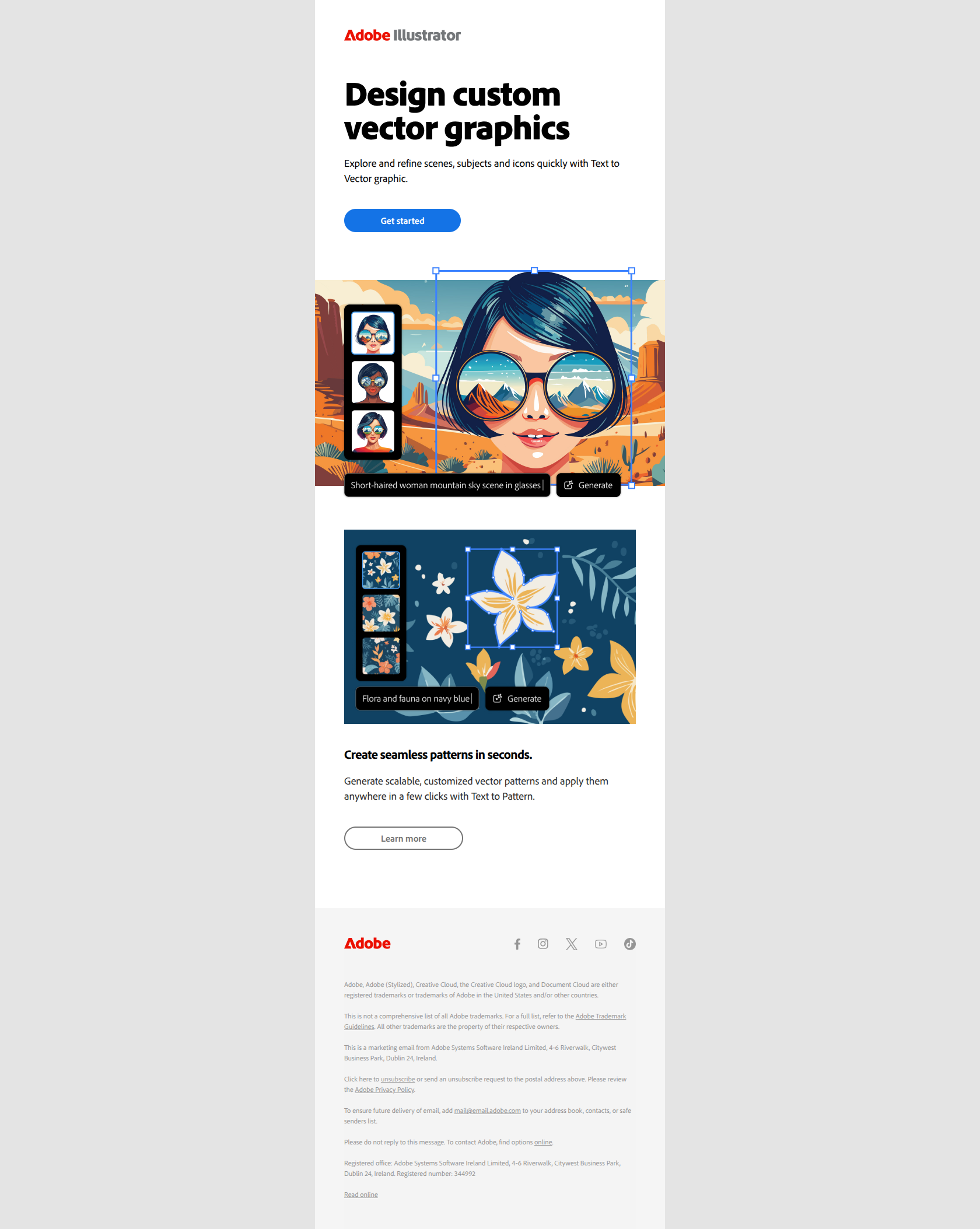 Create faster with generative Al in Illustrator — email screenshot from Adobe
