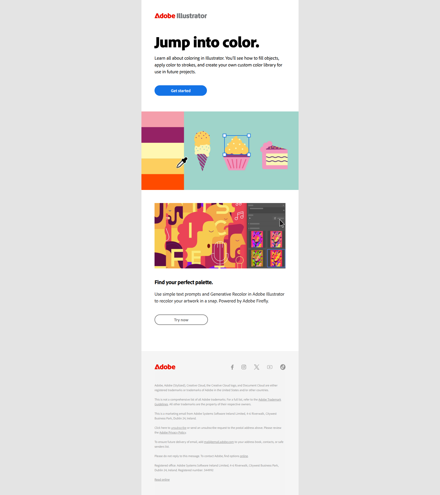 Add color with Illustrator — email screenshot from Adobe