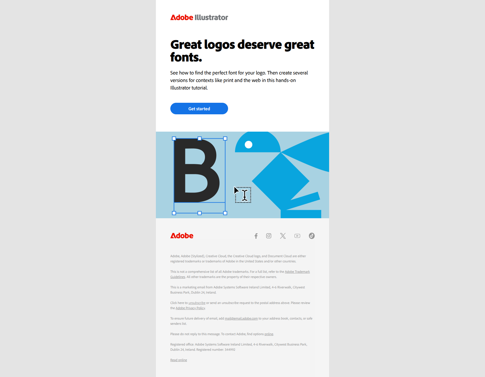Add text to your logo in Illustrator — email screenshot from Adobe