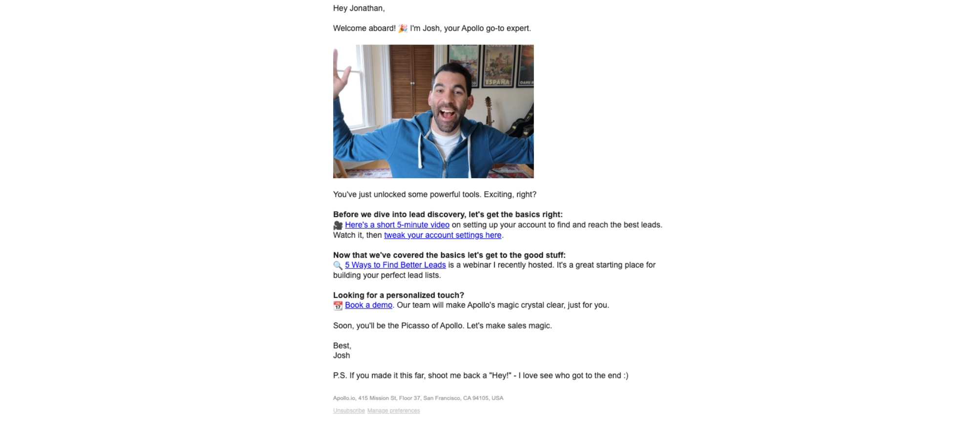 Welcome to Apollo! Let's Find Better Leads Together 🎉 — email screenshot from Apollo.io