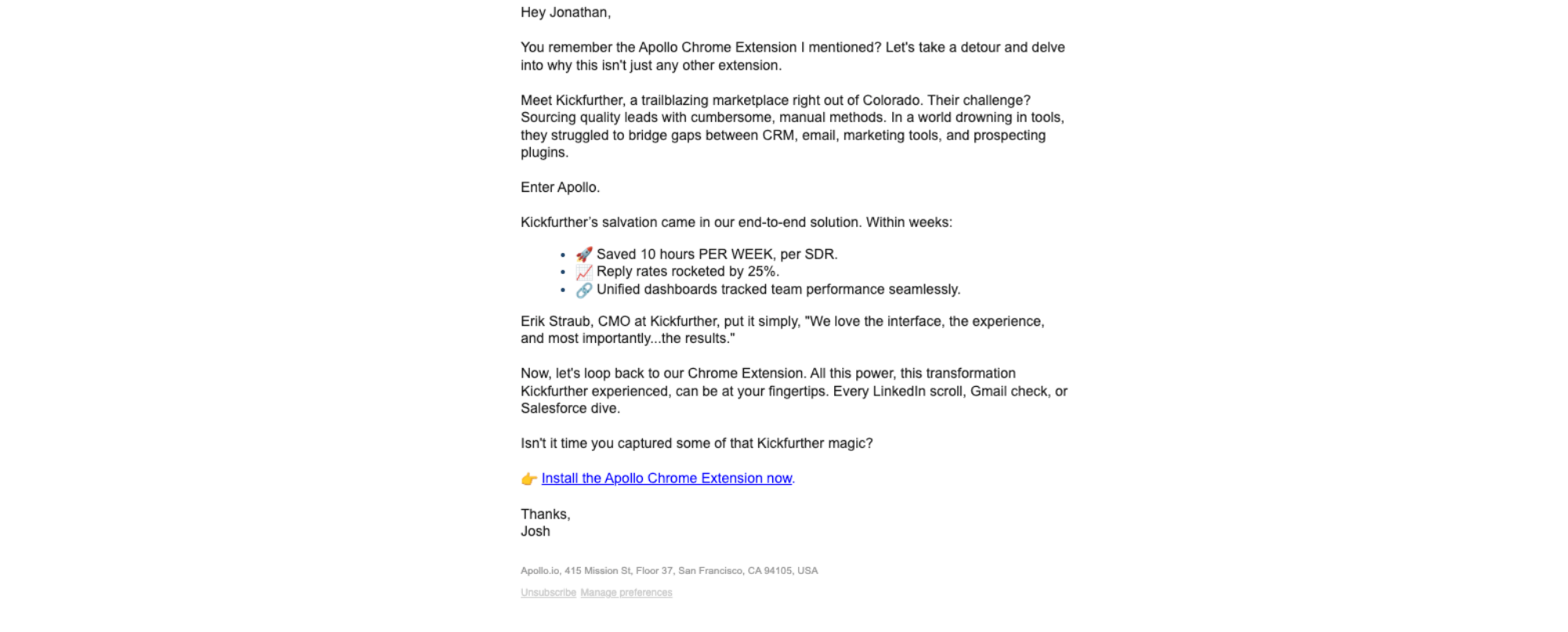 10 hours per week per rep — email screenshot from Apollo.io