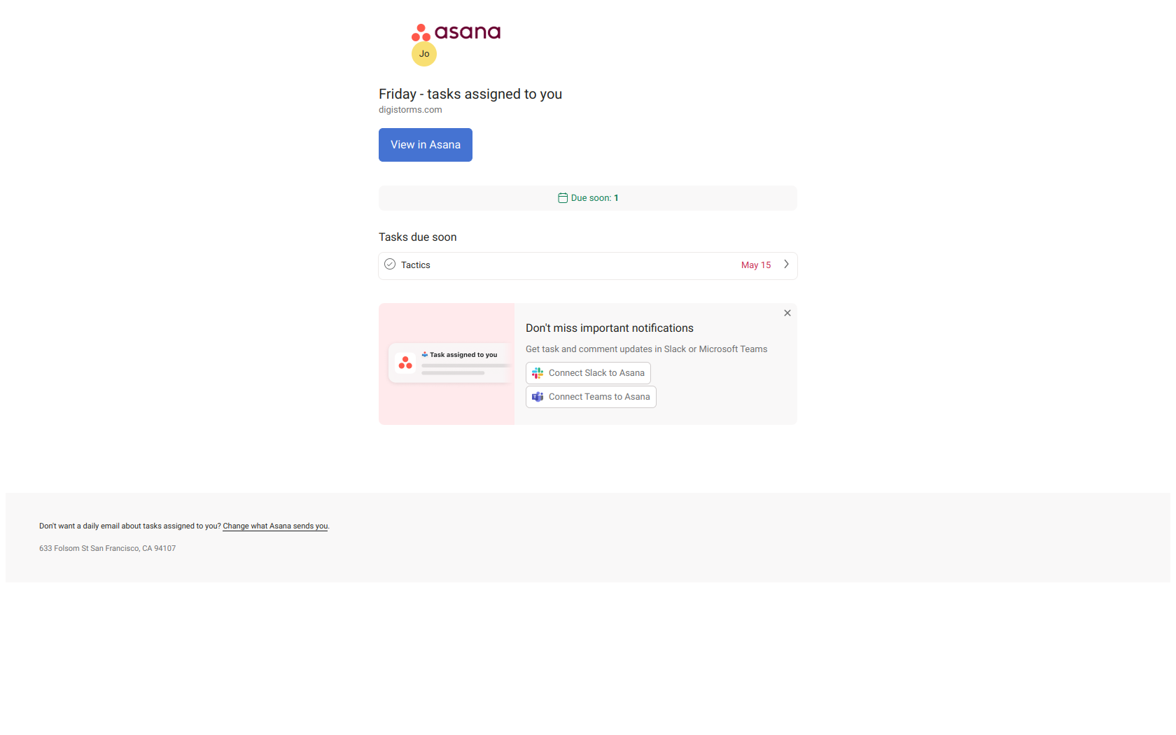 Friday - tasks due soon: 1 - digistorms.com — email screenshot from Asana