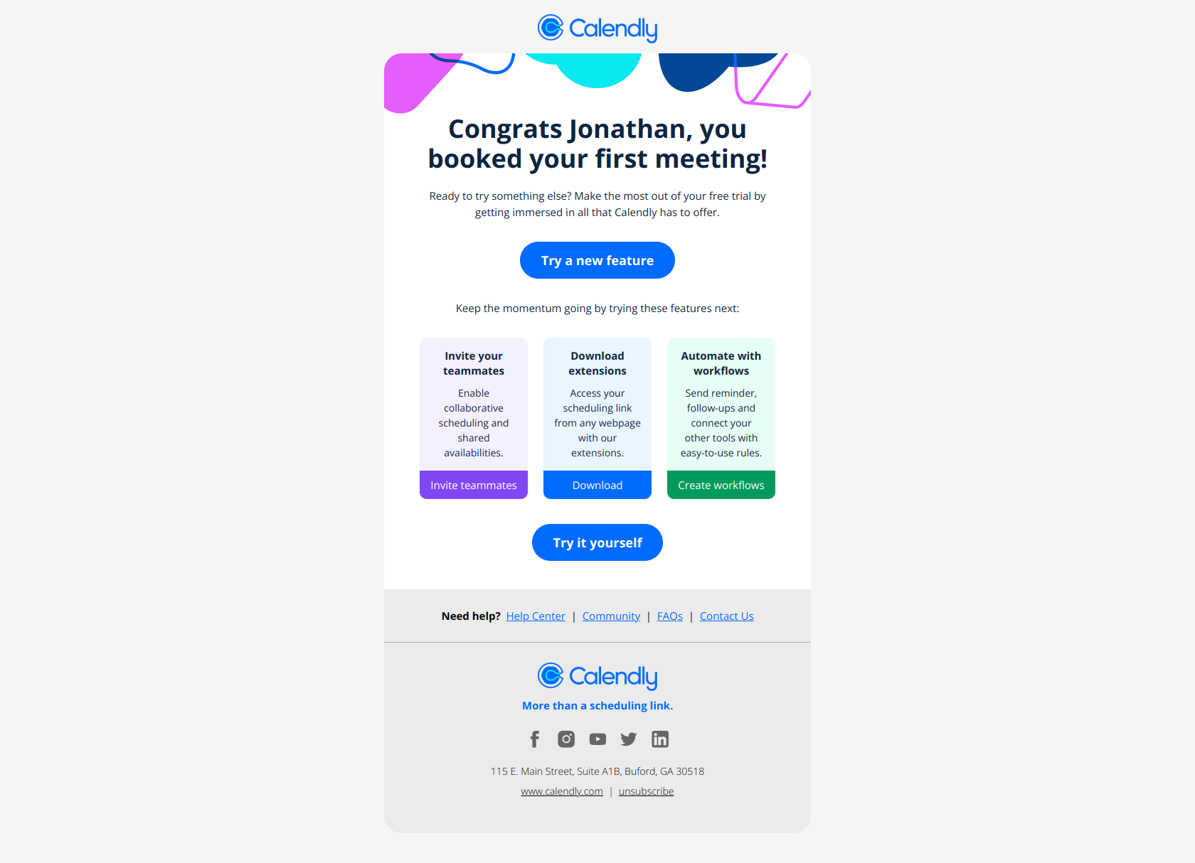 Jonathan, you booked your first meeting 🙌 — email screenshot from Calendly