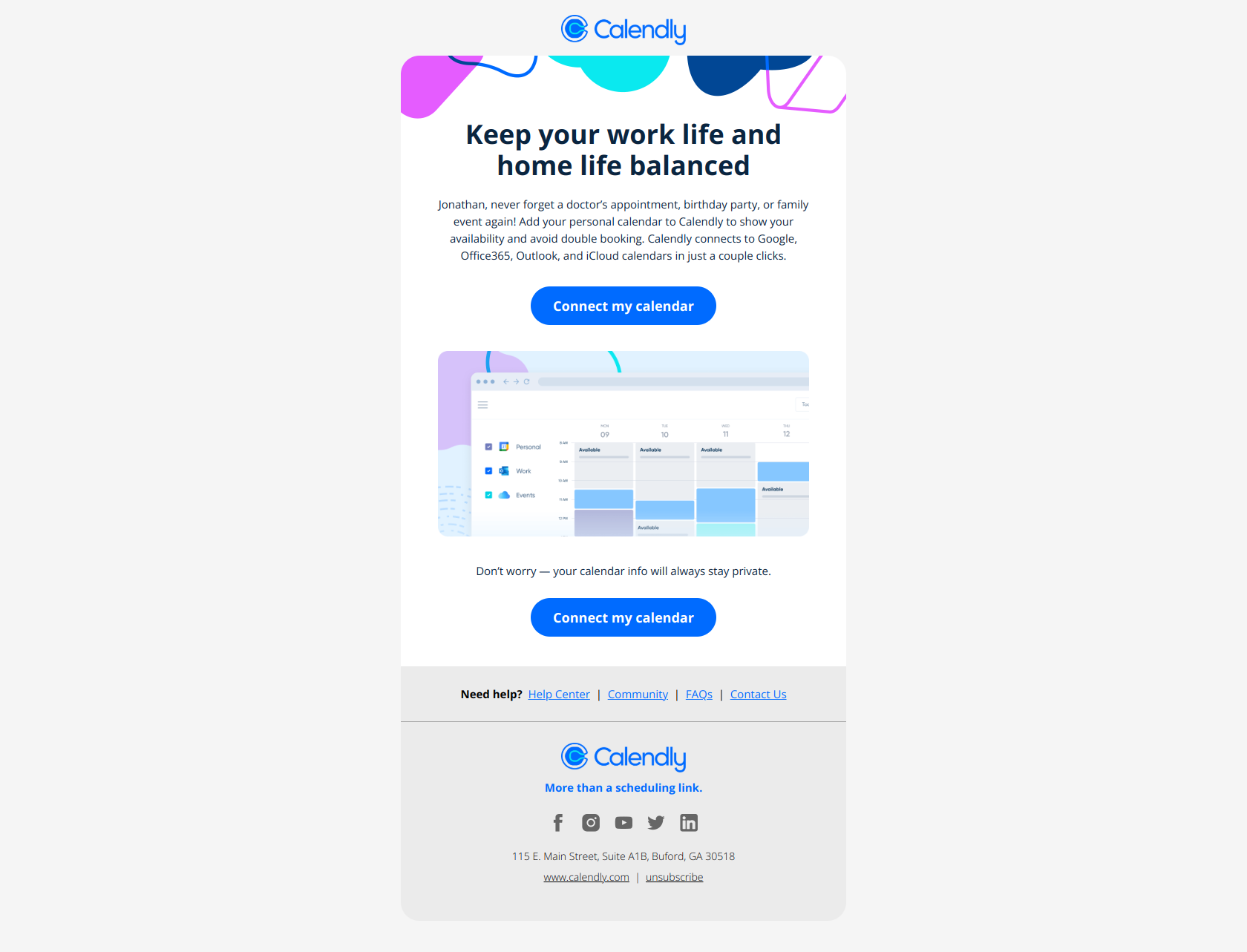 Avoid double booking meetings! — email screenshot from Calendly