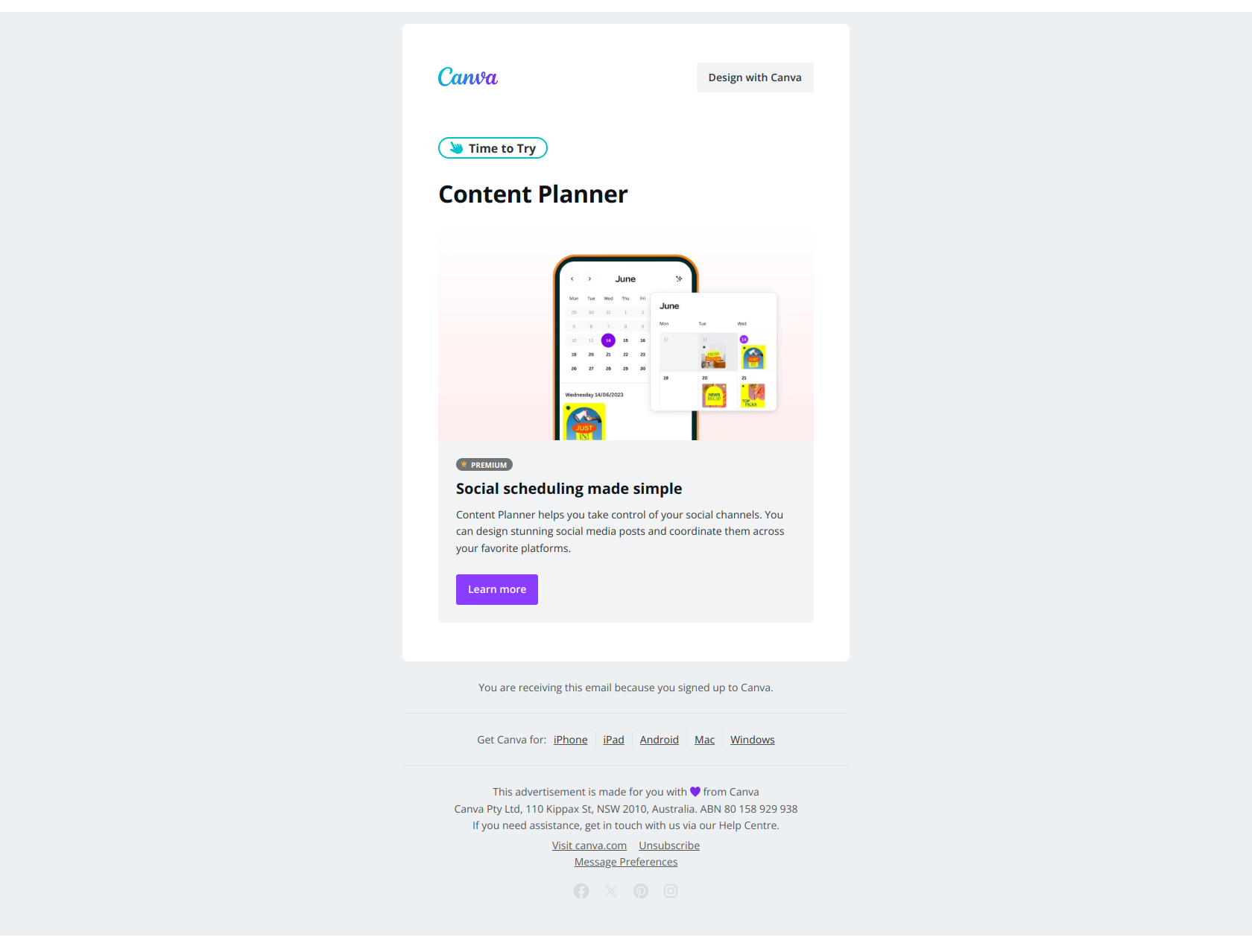 Schedule your next social post straight from Canva — email screenshot from Canva
