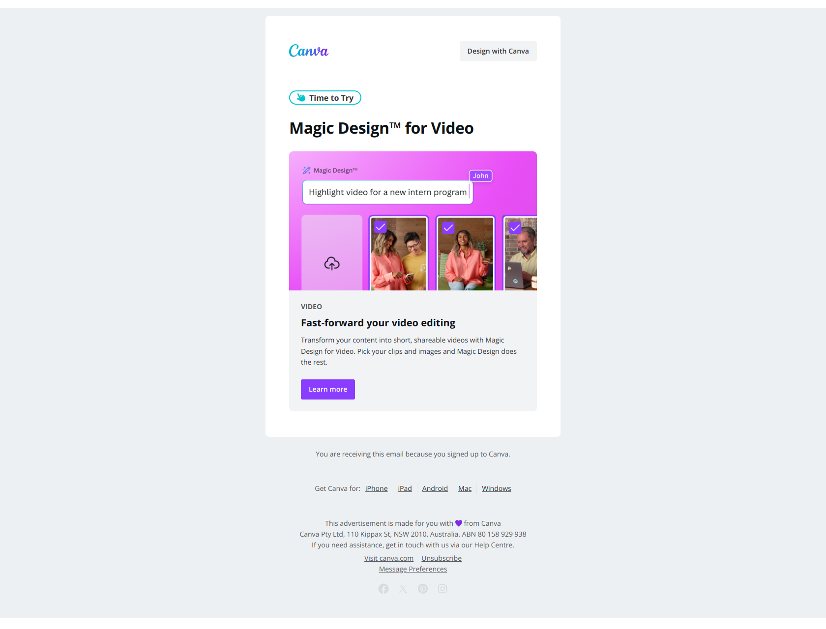 Create compelling videos in seconds with Magic Design — email screenshot from Canva