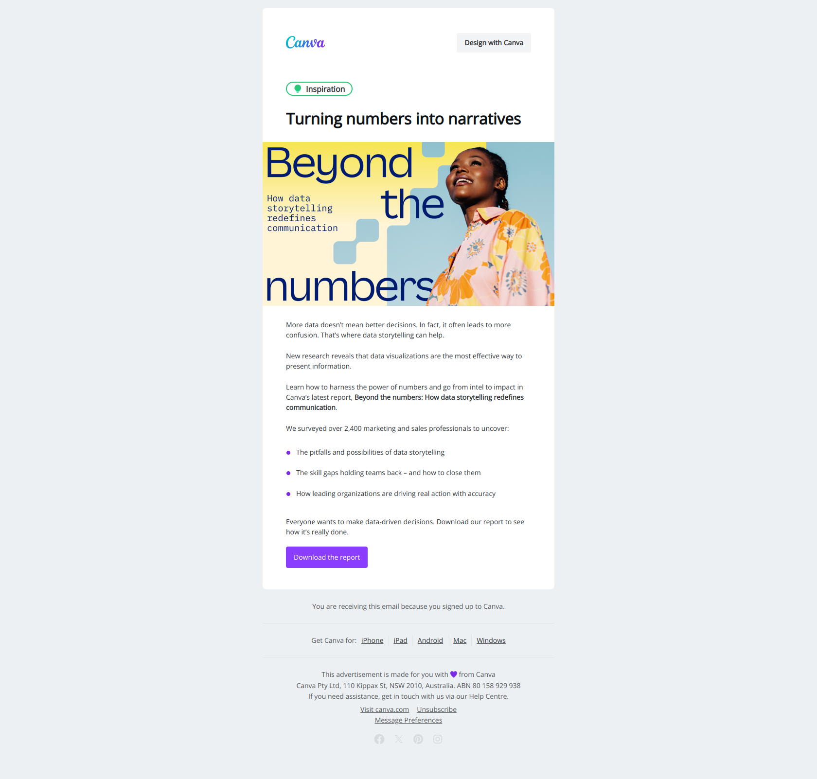 What’s missing from your data strategy? Storytelling. — email screenshot from Canva