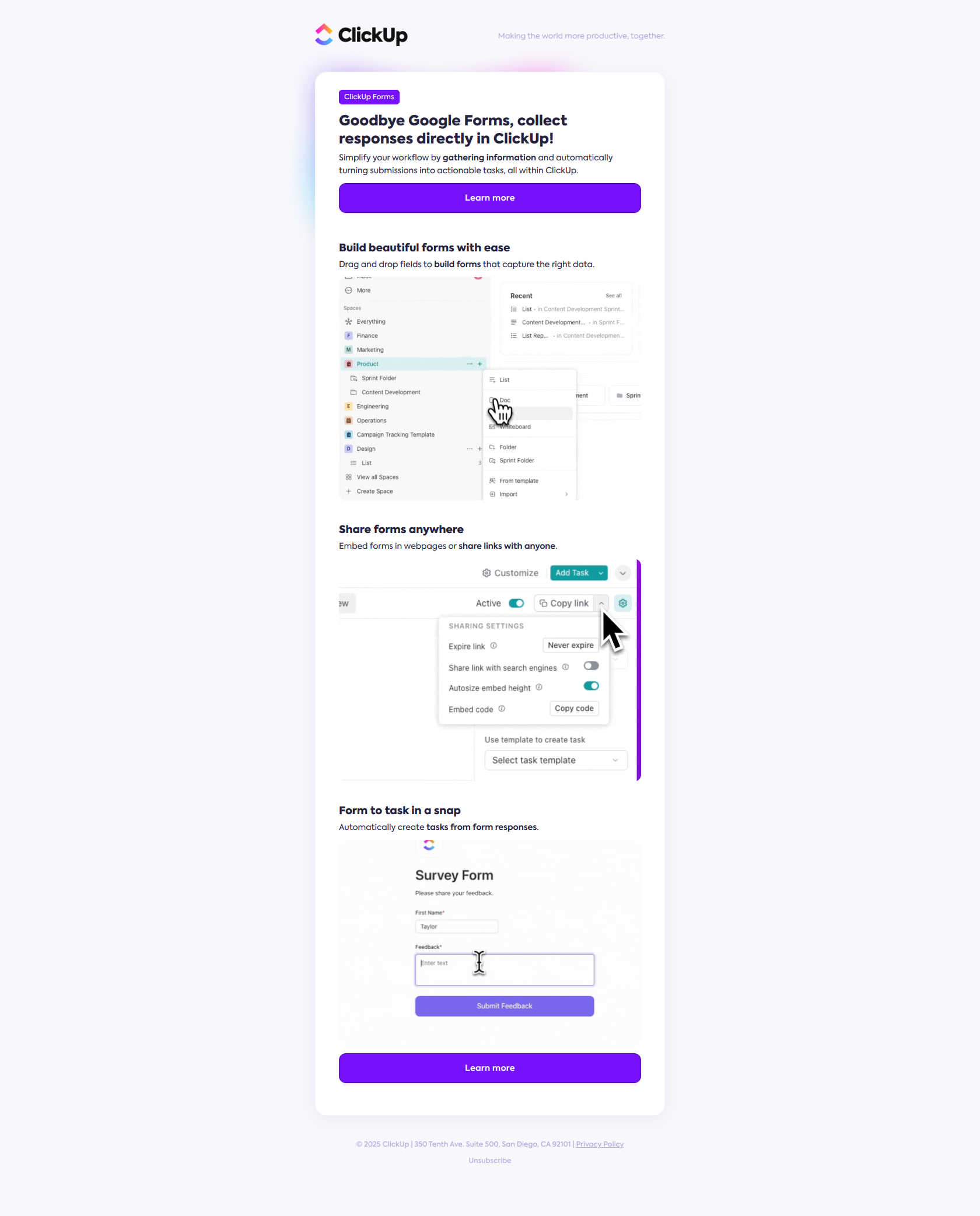 Collect form responses in ClickUp — email screenshot from Clickup