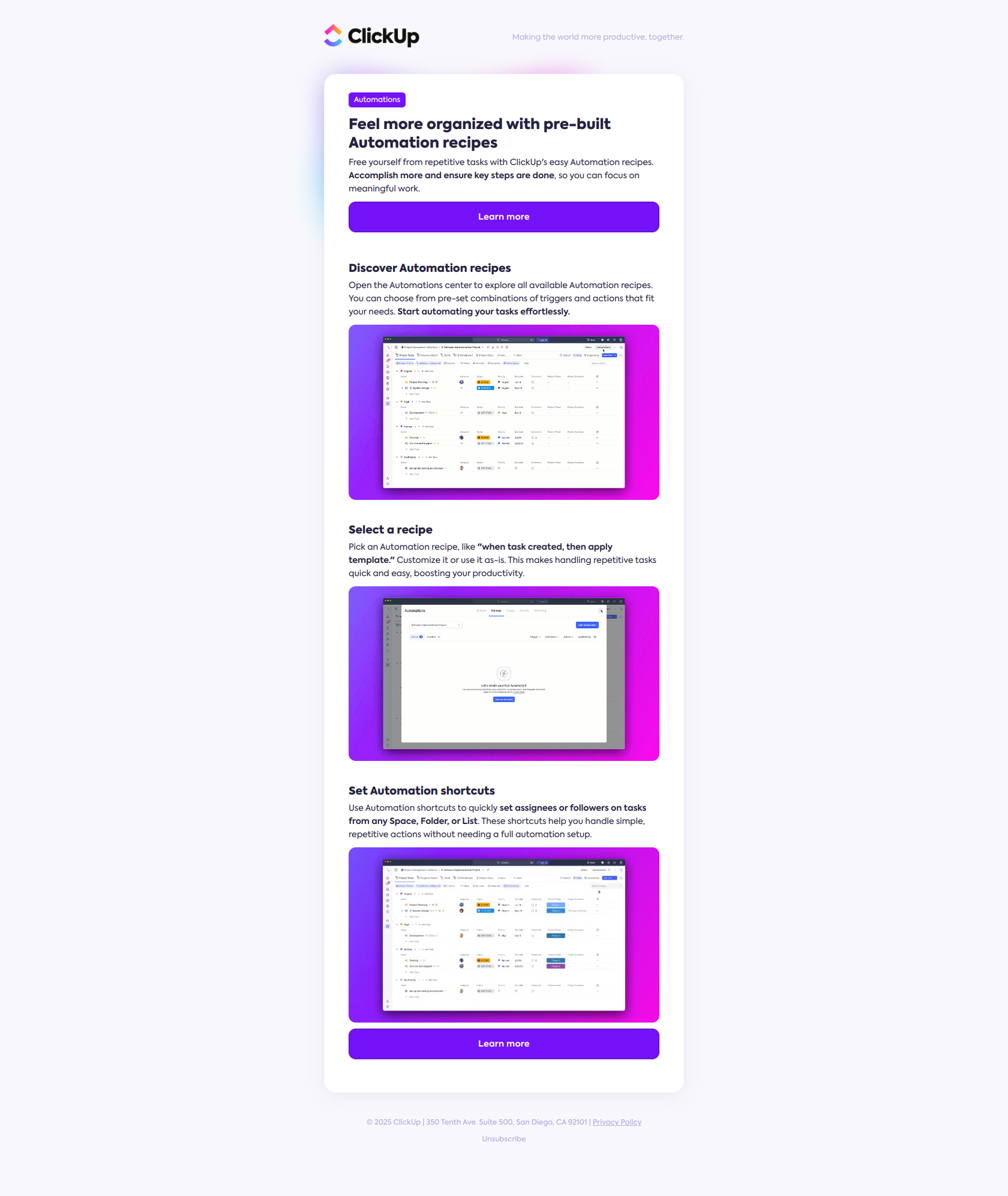 Turn hours of work into seconds — email screenshot from Clickup