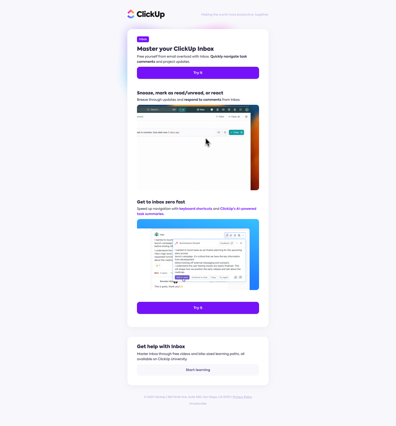 Master your inbox now — email screenshot from Clickup