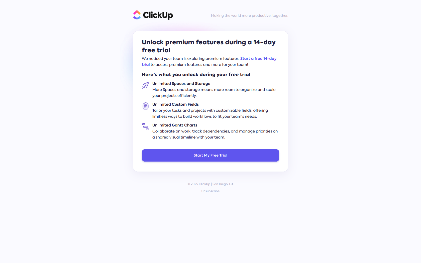 Supercharge your productivity with a 14-day free trial — email screenshot from Clickup
