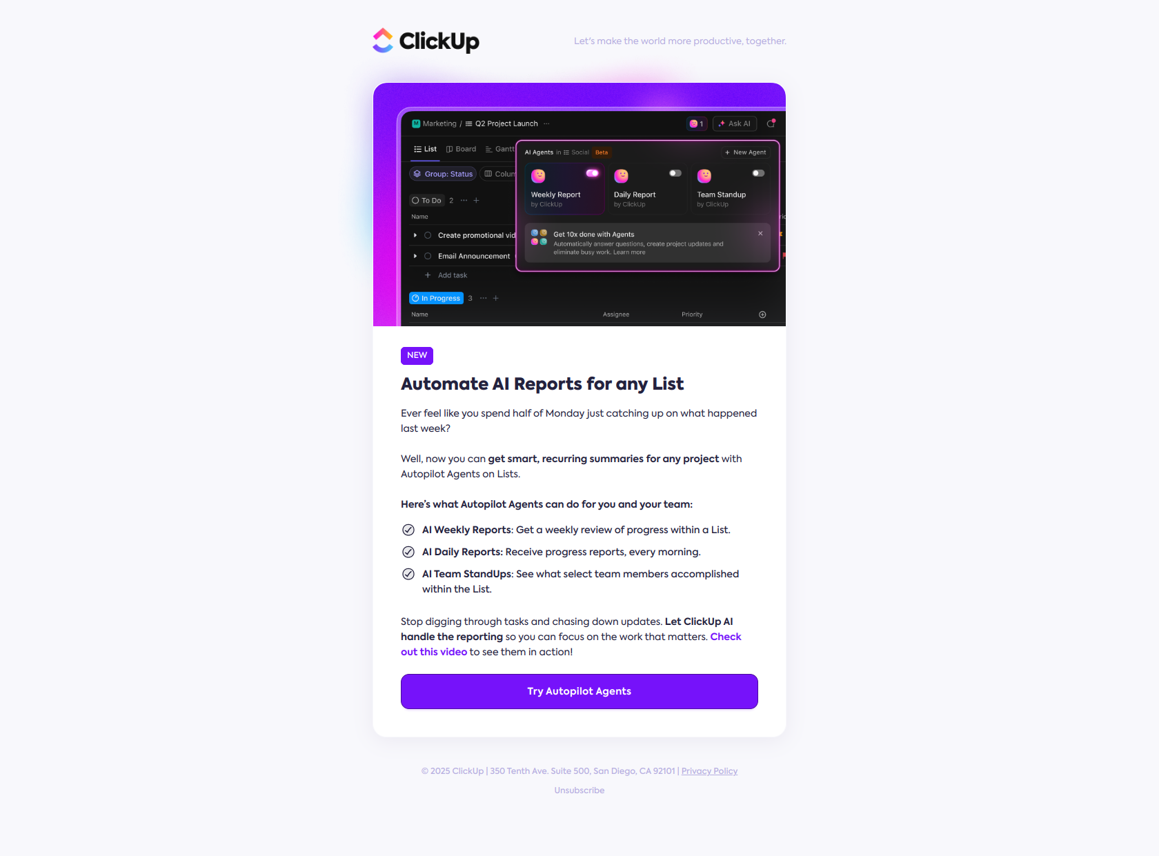 New: Automate AI reports for any List 🤖 💬 — email screenshot from Clickup