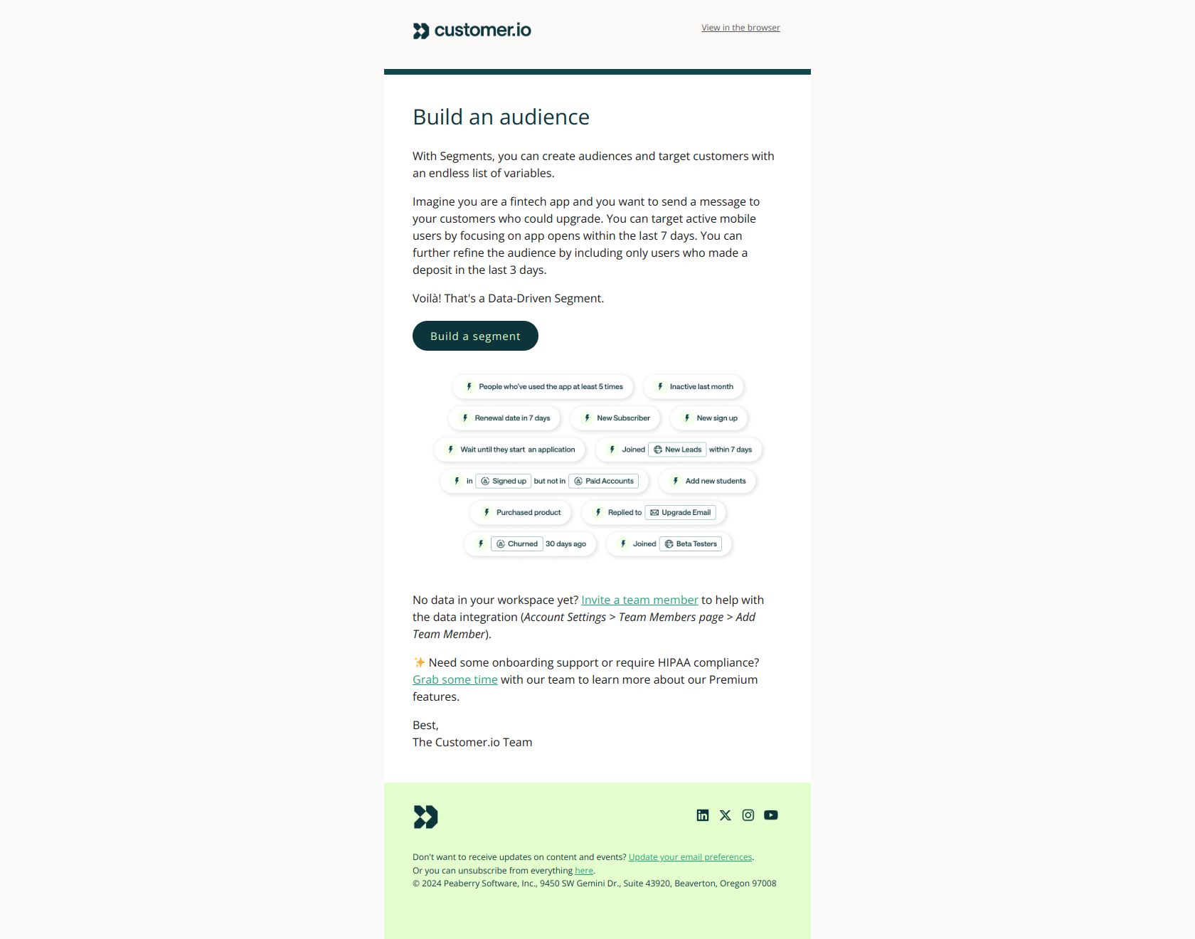 Build an audience in Customer.io — email screenshot from Customer.io