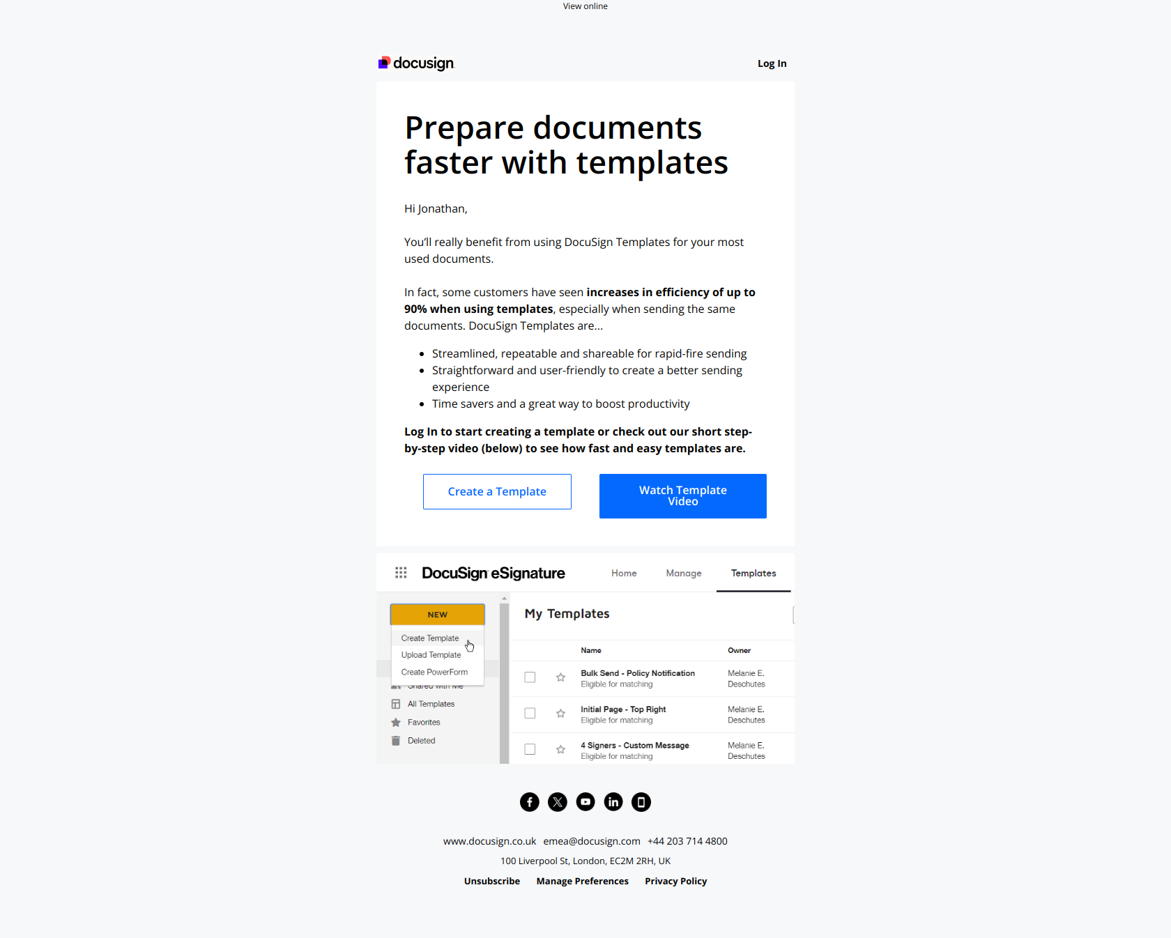 DocuSign templates for increased speed & efficiency — email screenshot from Docusign