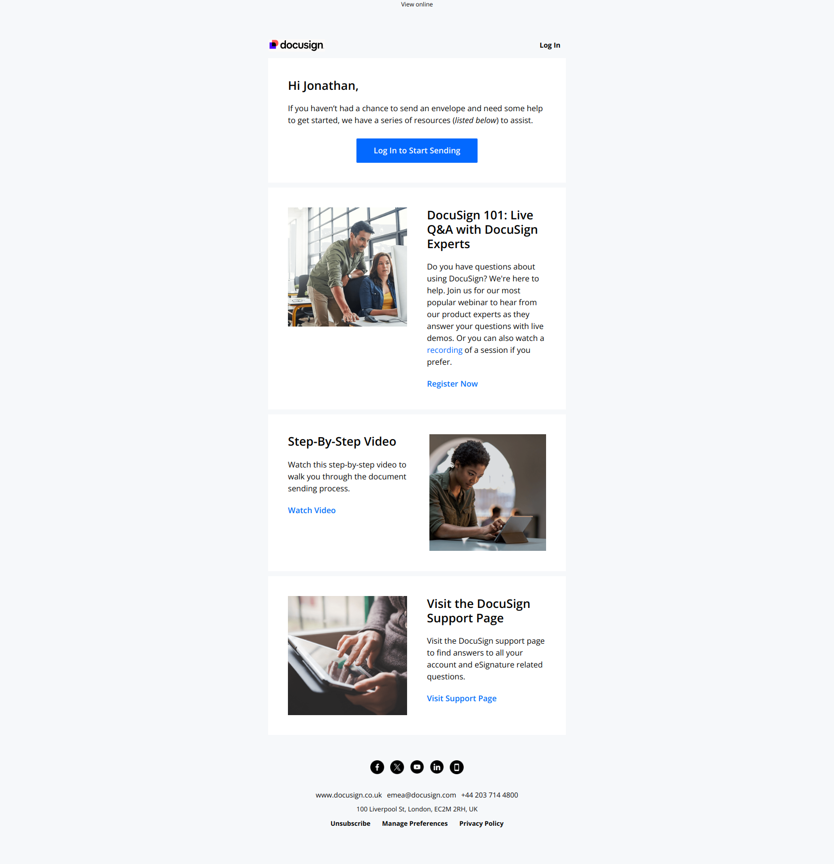 We've noticed you haven’t sent an envelope yet — email screenshot from Docusign