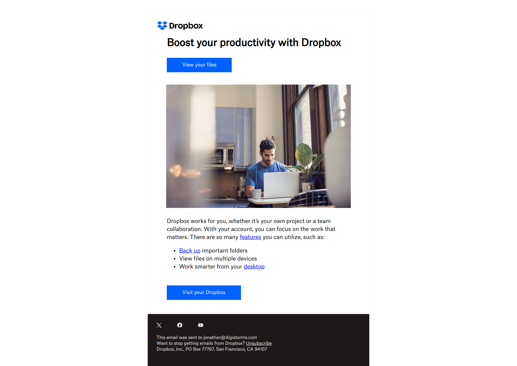 Jonathan, here are your Dropbox account features — email screenshot from Dropbox