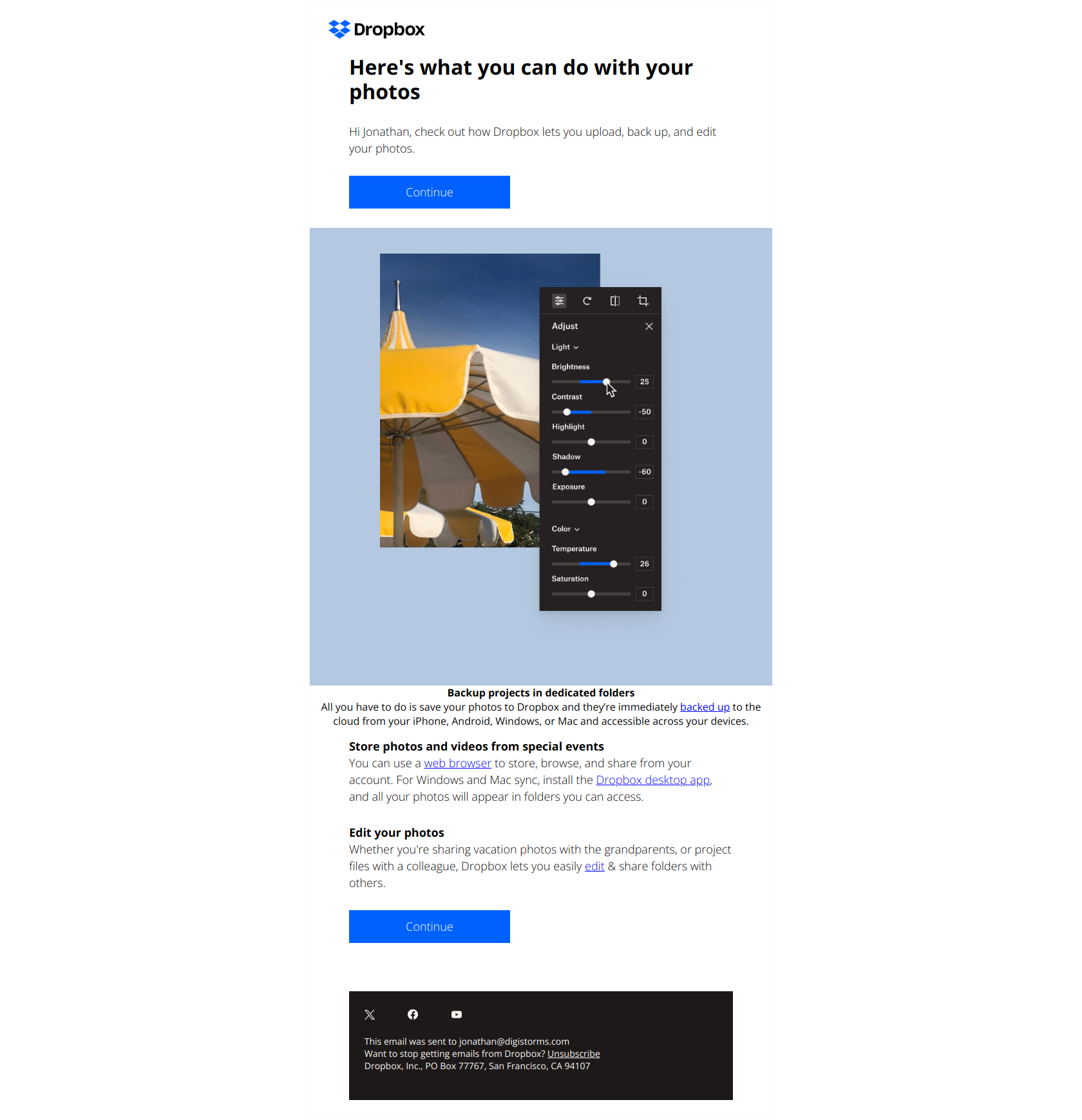 3 things you can do with your photos — email screenshot from Dropbox