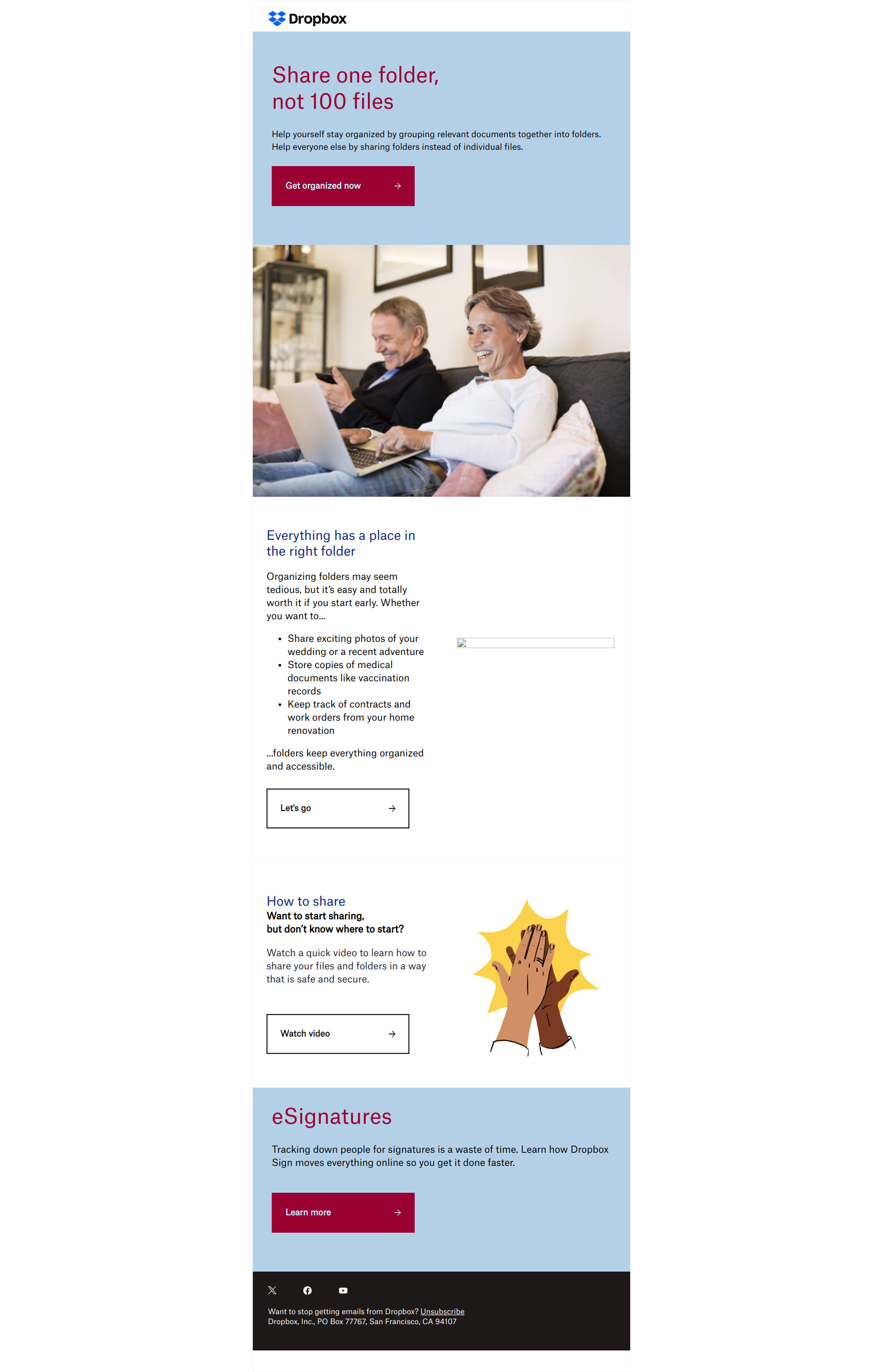 Stop spamming. Start sharing folders. — email screenshot from Dropbox