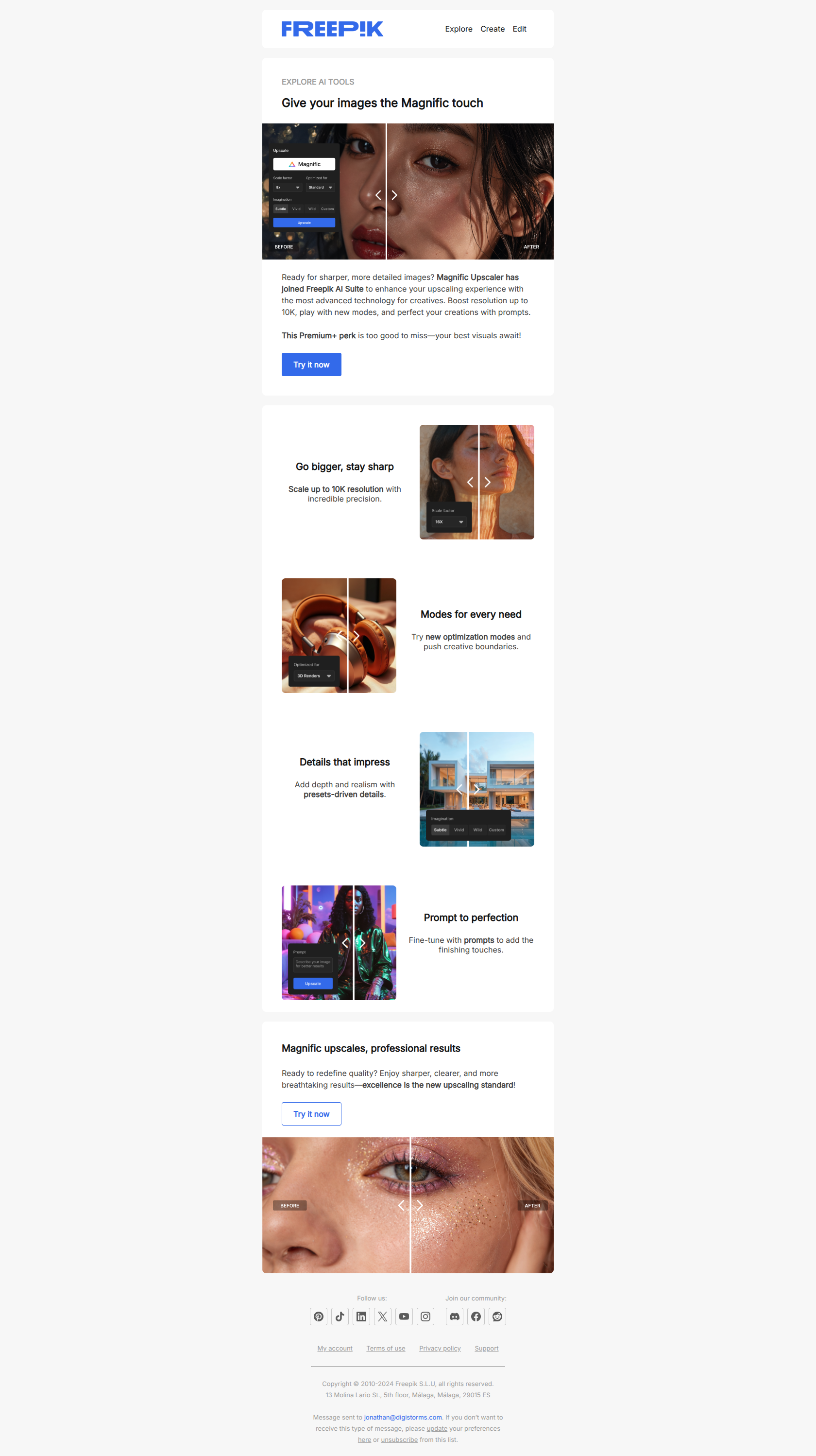 Magnific upscaler- your images up to 10K resolution — email screenshot from Freepik