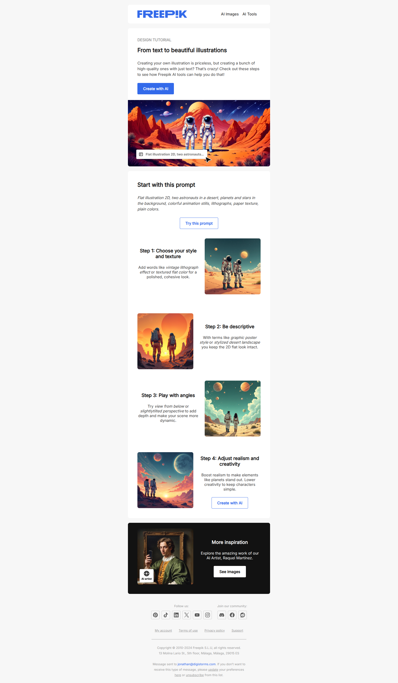 Create professional illustrations from just simple text — email screenshot from Freepik