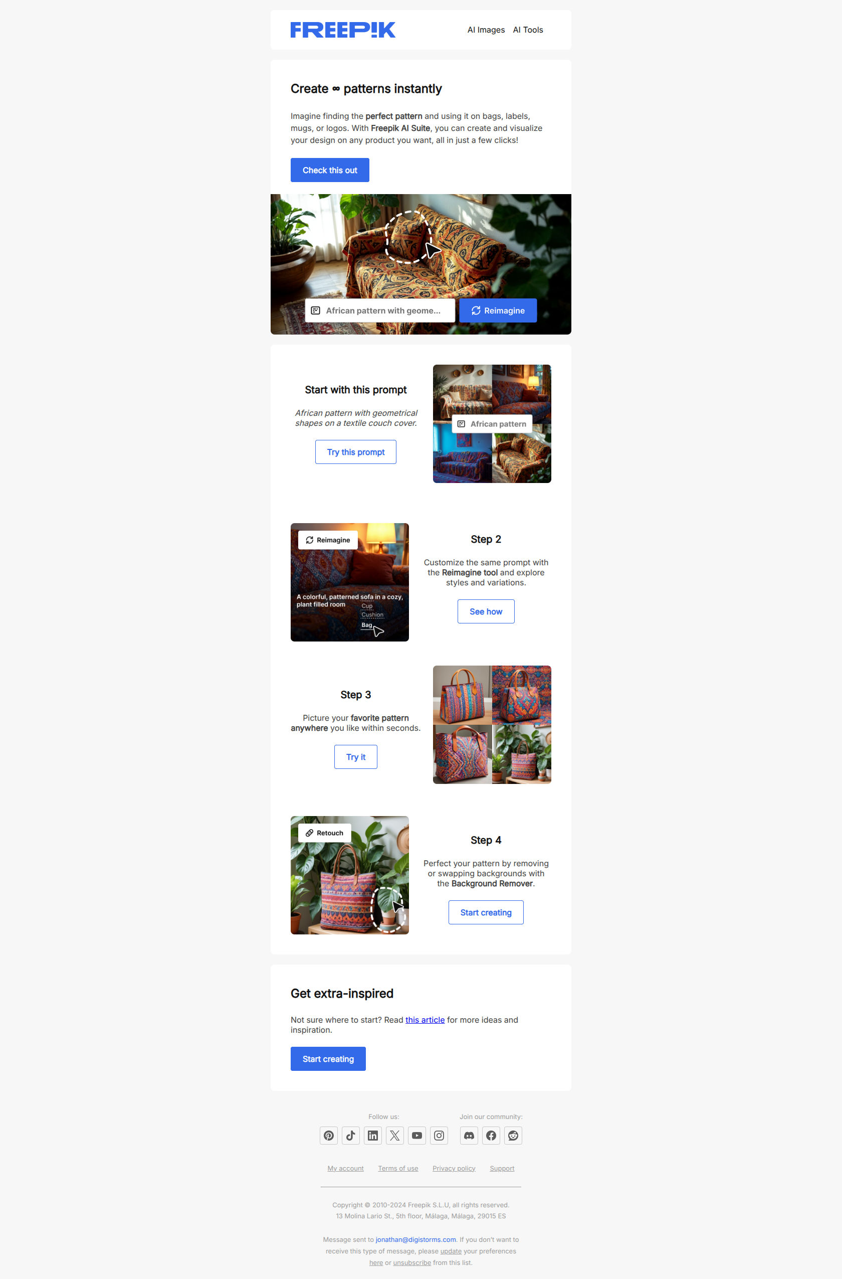 Create infinite, beautiful designs with your favorite pattern — email screenshot from Freepik