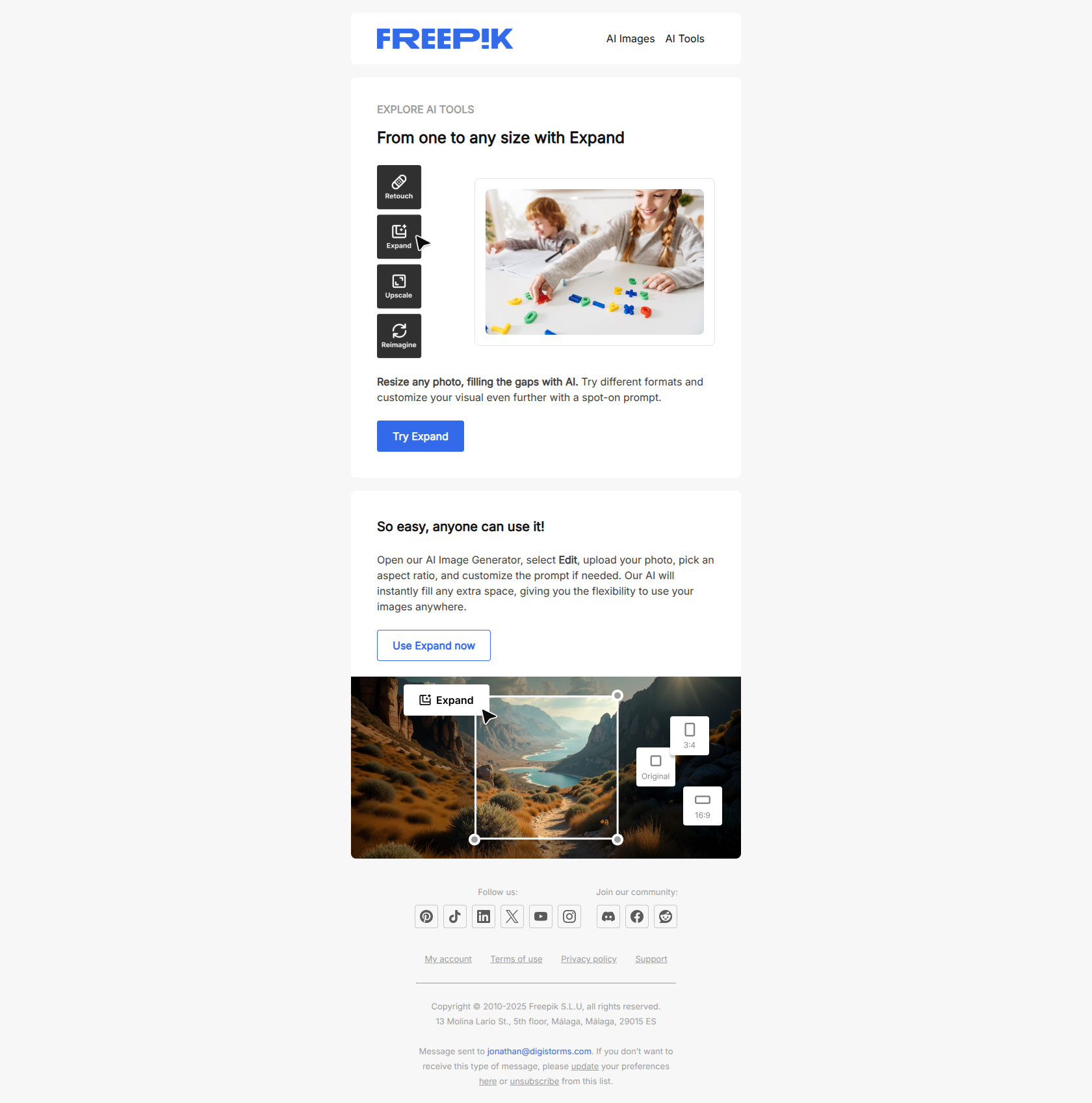 Resize your photos to any size in seconds with Expand — email screenshot from Freepik
