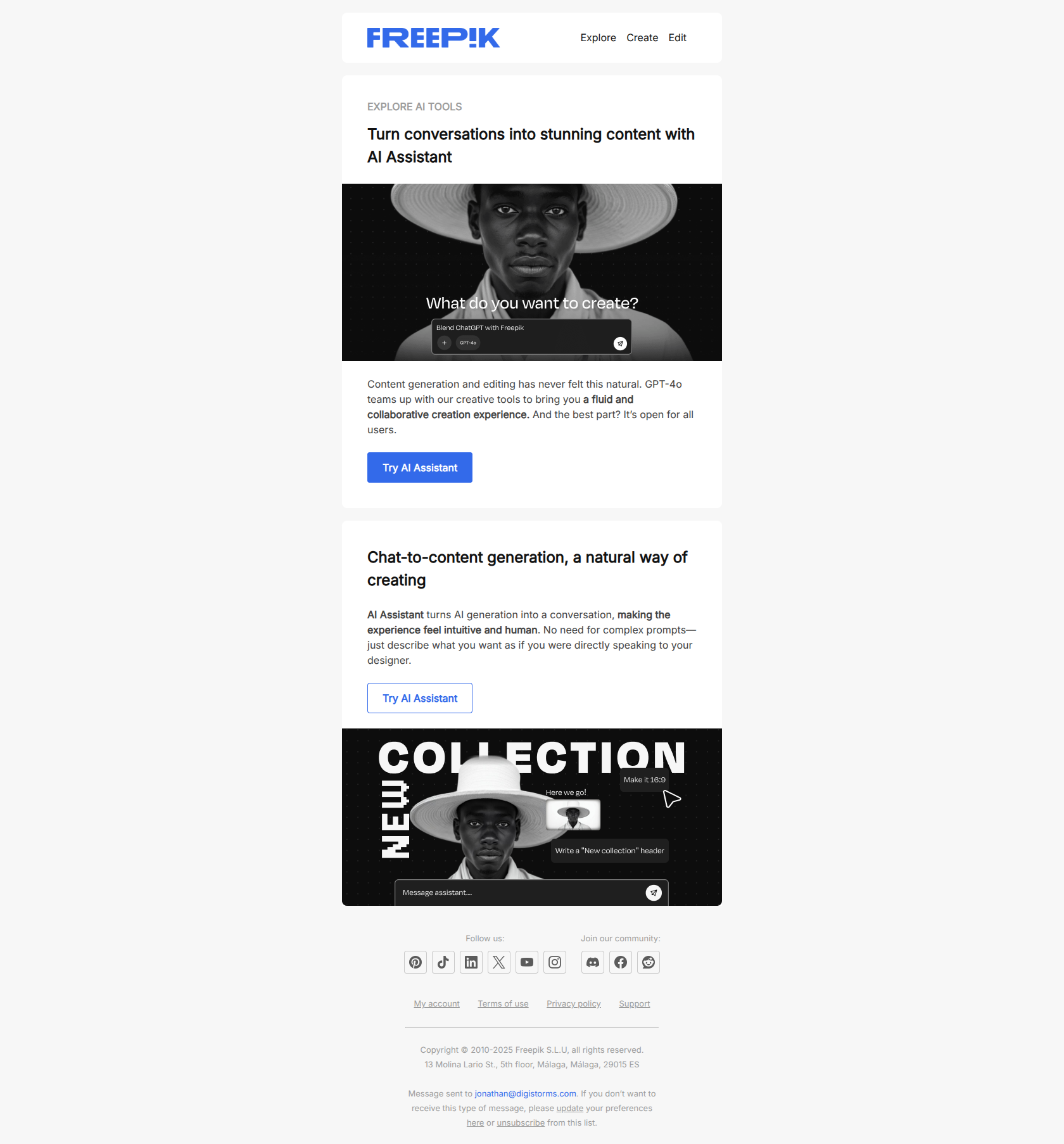 ChatGPT-powered AI Assistant: generate content via chat — email screenshot from Freepik