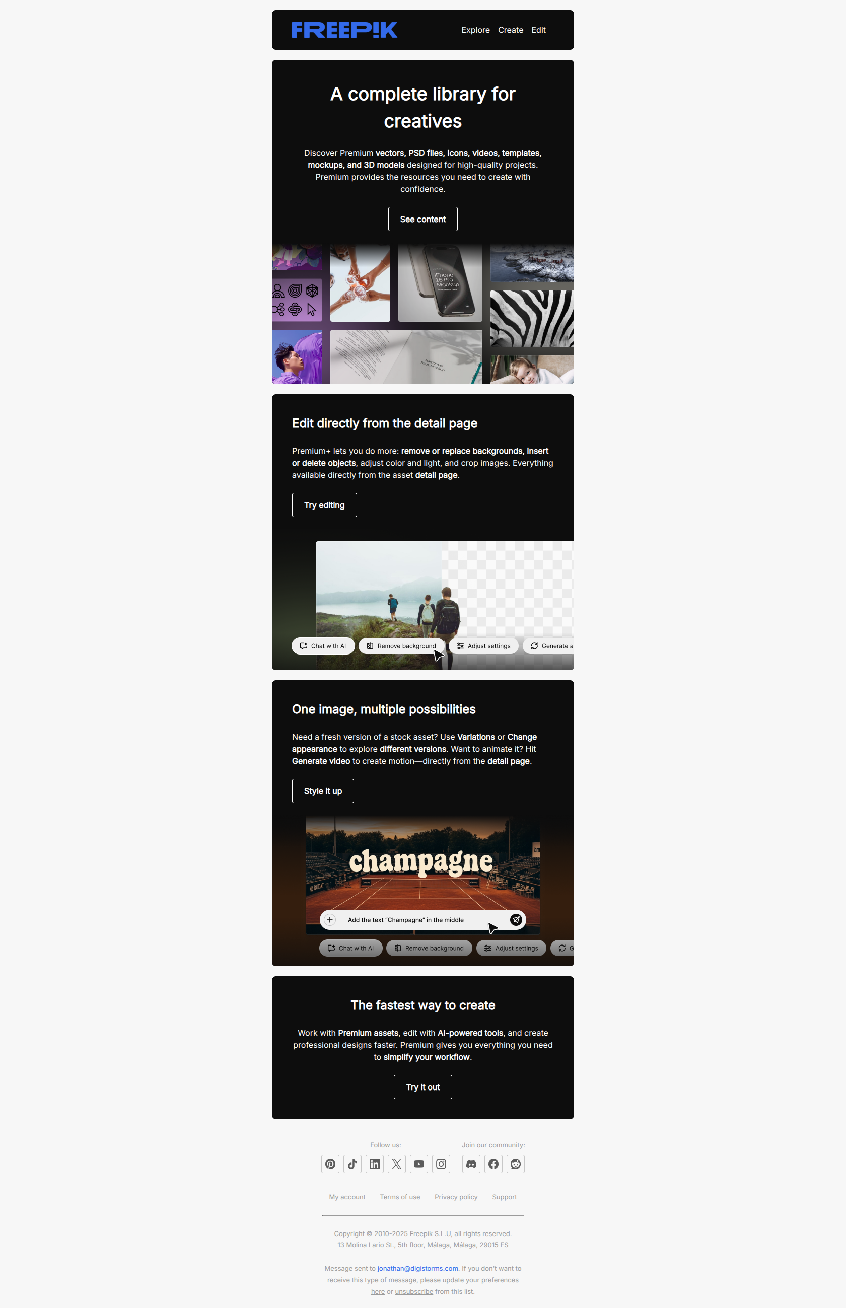 Stock & AI for everyday design — email screenshot from Freepik