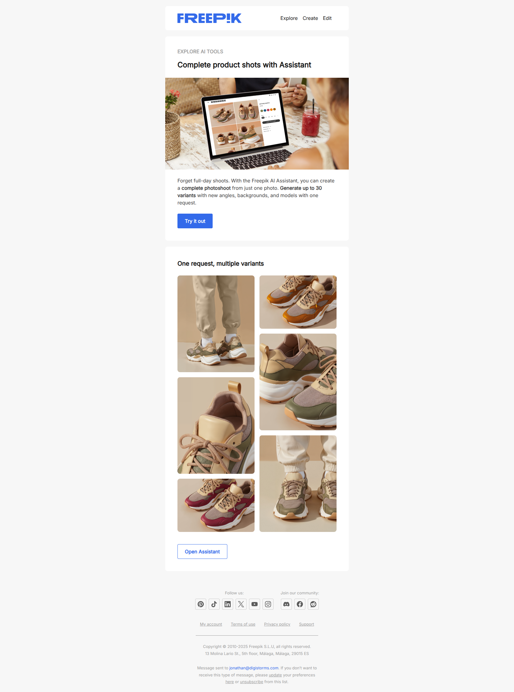 One request, up to 30 product photos with Assistant — email screenshot from Freepik