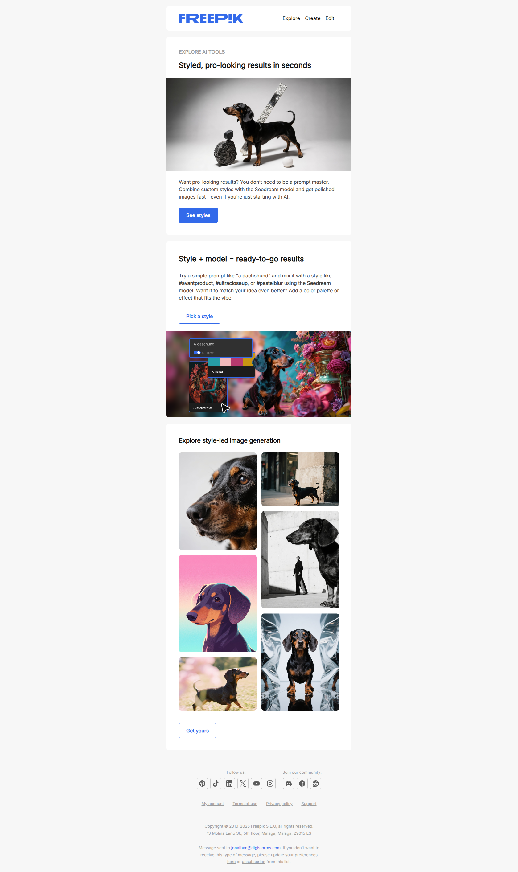 From simple prompts to styled art — email screenshot from Freepik