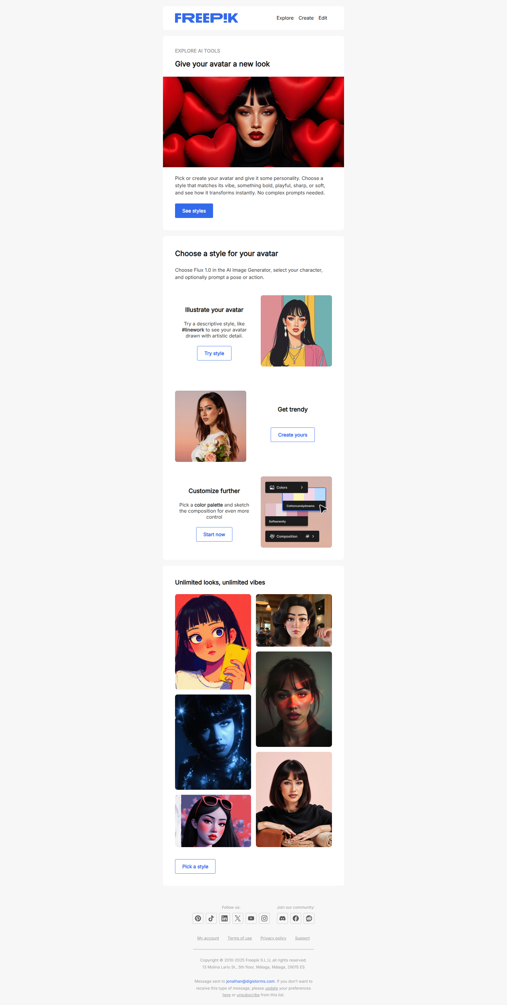 Apply styles to your custom character — email screenshot from Freepik