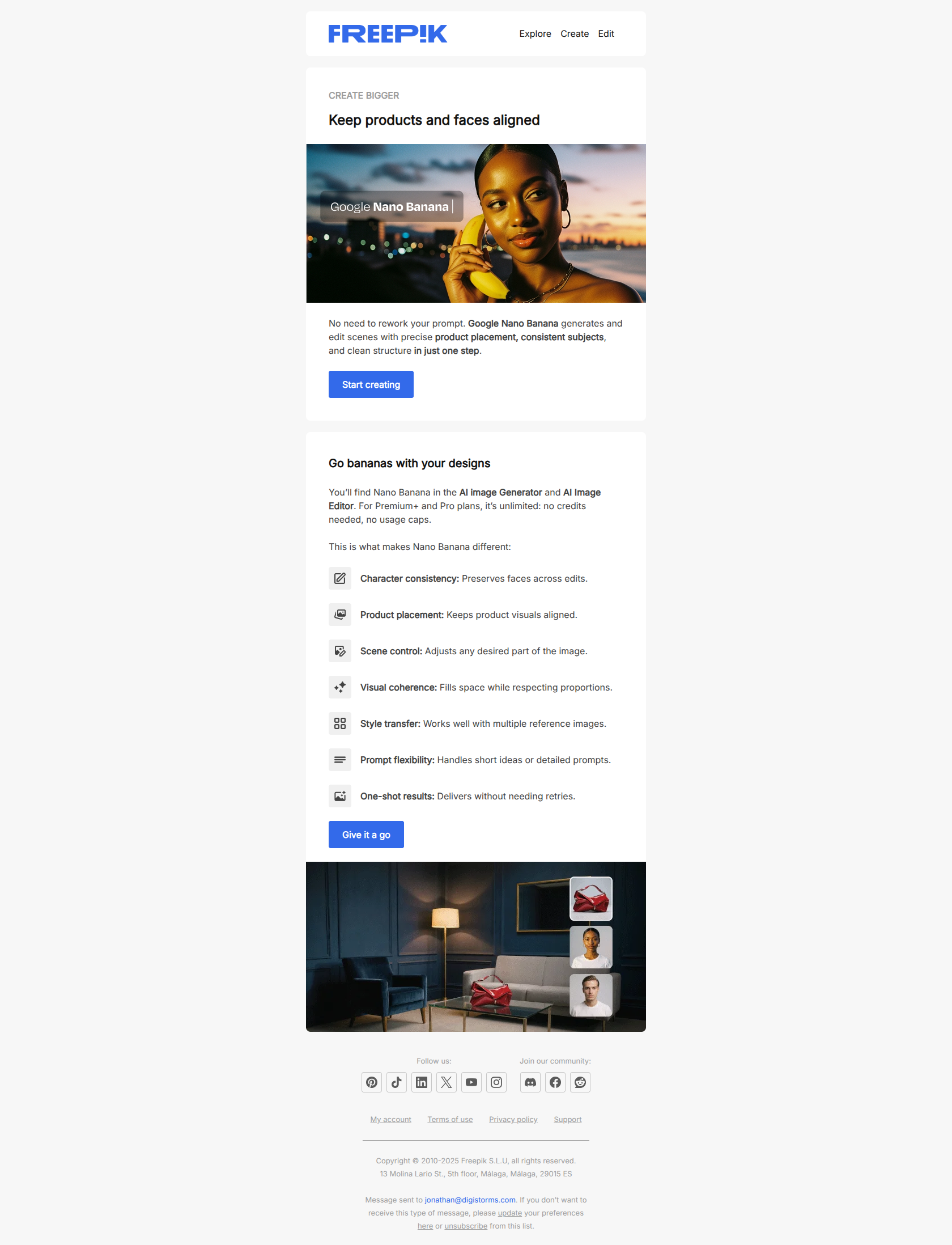 🍌 Consistent visuals with Google Nano Banana — email screenshot from Freepik