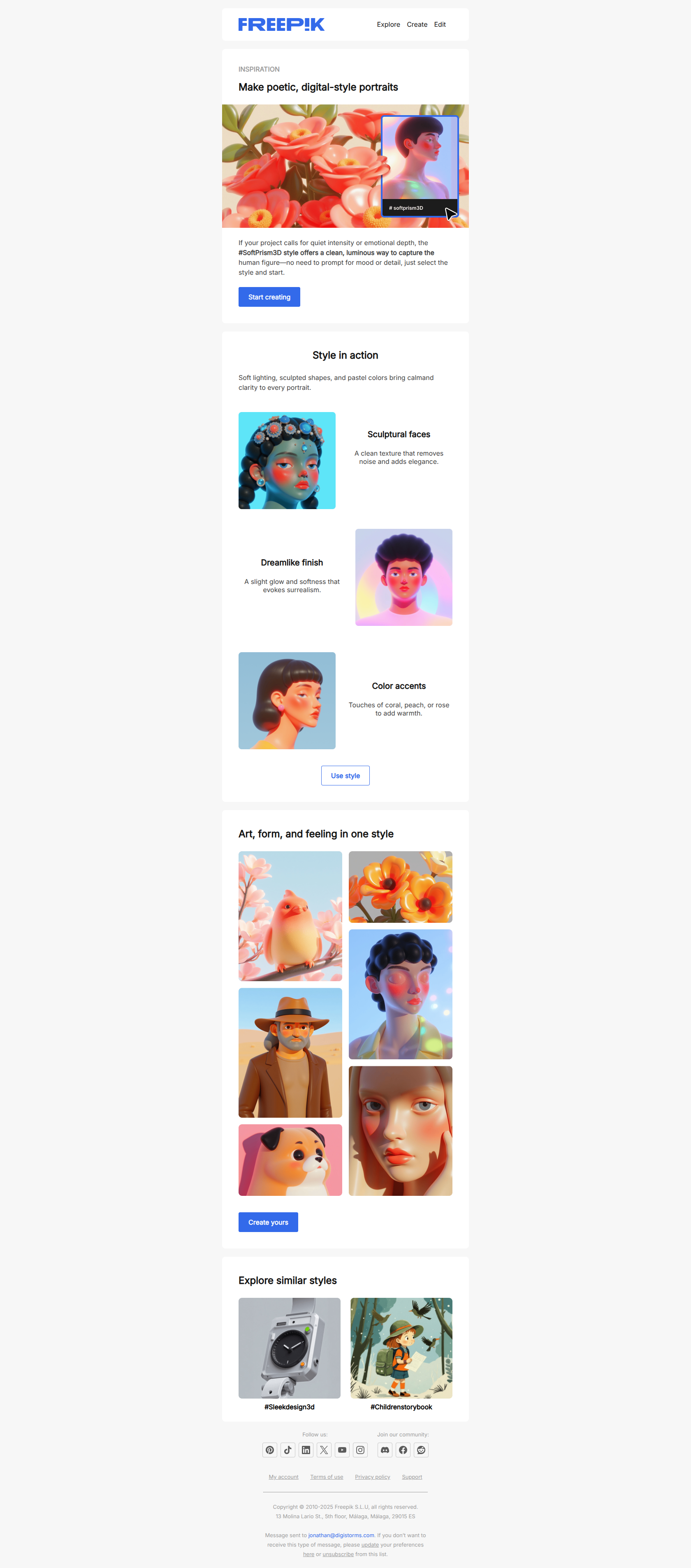 Design serene 3D-style portraits — email screenshot from Freepik