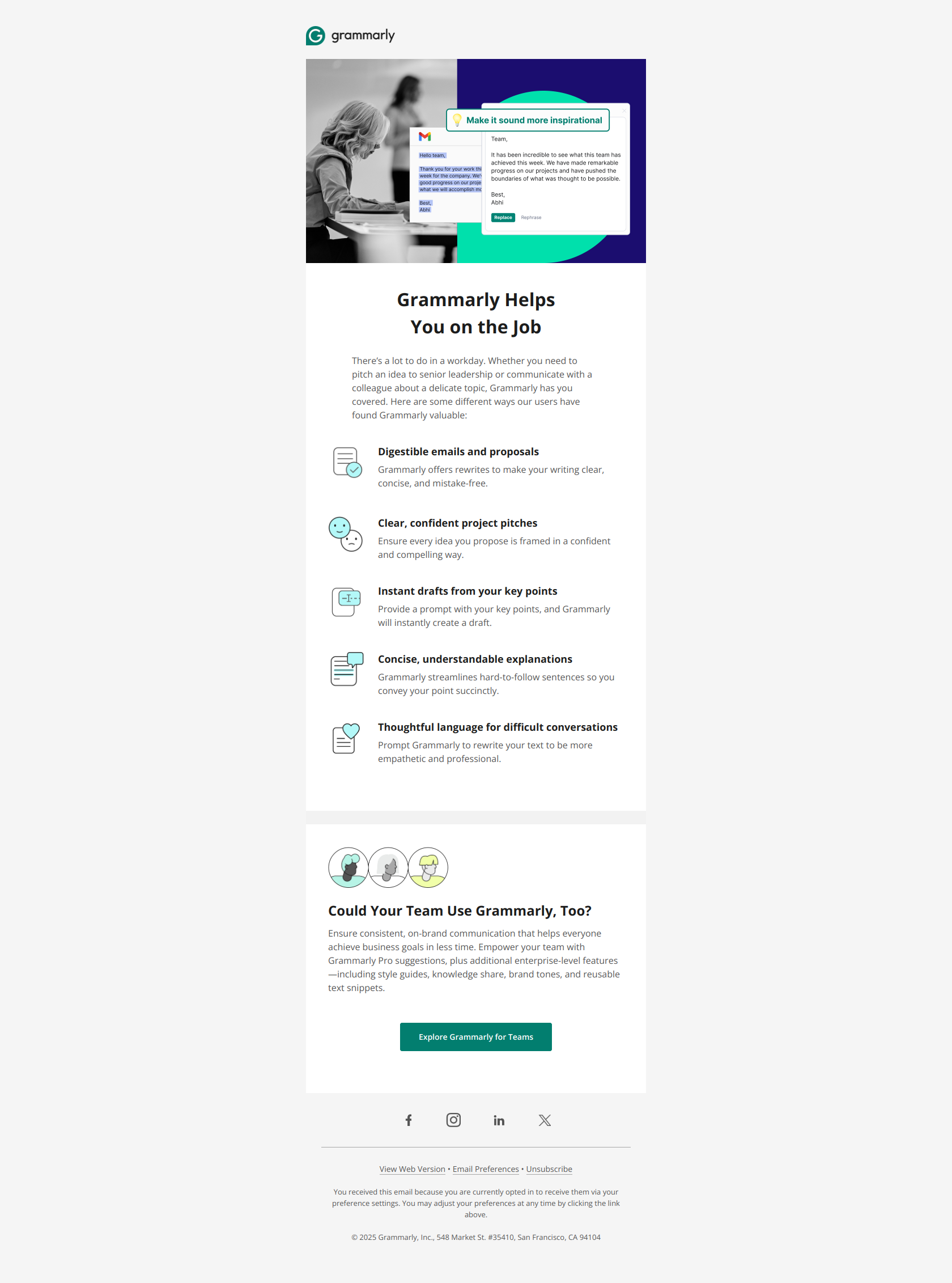Let’s get down to business 📈 — email screenshot from Grammarly
