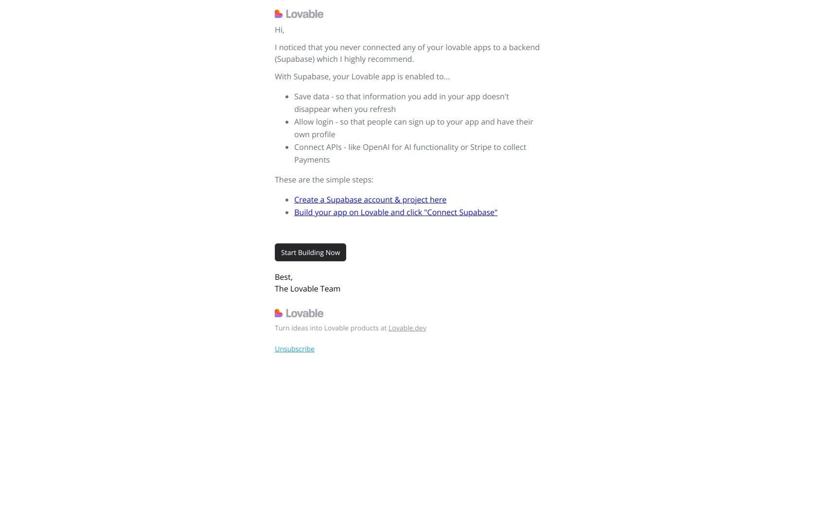 Start building Lovable apps with full stack features in < 5 minutes — email screenshot from Lovable