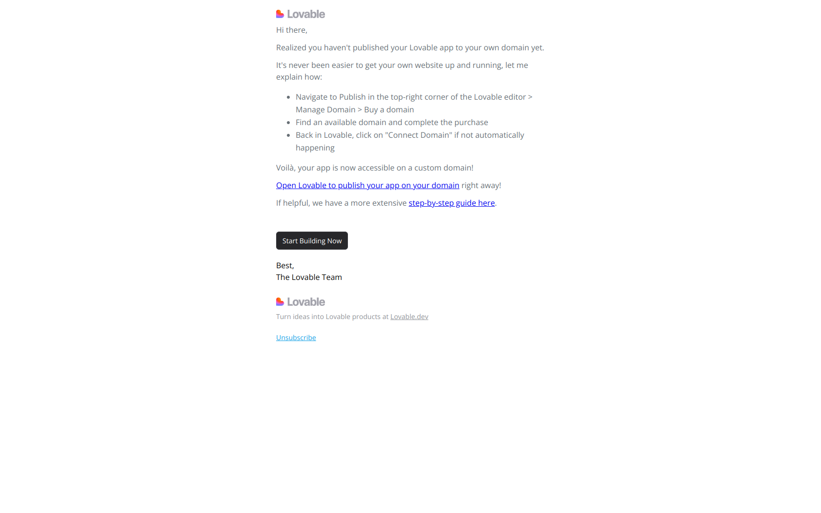 Create a custom domain for your Lovable app in < 2 minutes — email screenshot from Lovable